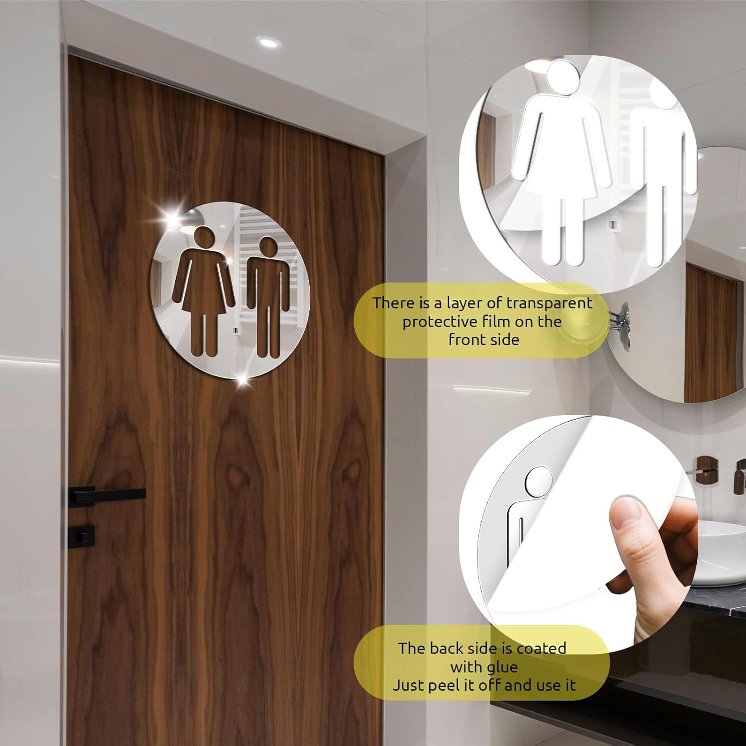 All Gender Restroom Sign Peel and Stick, Acrylic Mirror Sticker Gender Neutral Bathroom Signs Wall Decor Decal, Vinyl Unisex Bathroom Door Sign, Men and Women Toilet Sign for Home, Silver image number 4