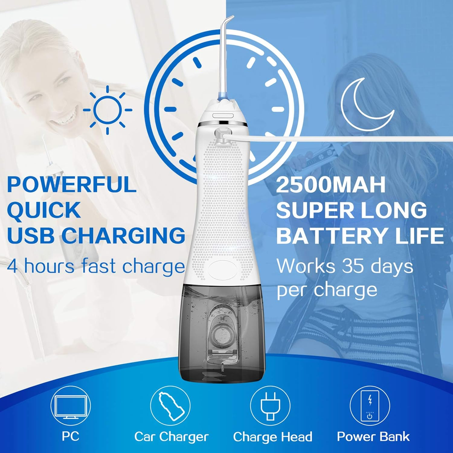 Water Flosser for Teeth Cordless with 5 Modes, Binefia 360&deg; Rotation Oral Irrigator, IPX7 Waterproof, 300ML & 6 Jet Tips Water Pick Teeth Cleaner, USB Rechargeable for 35-Days Use at Home/Travel image number 4