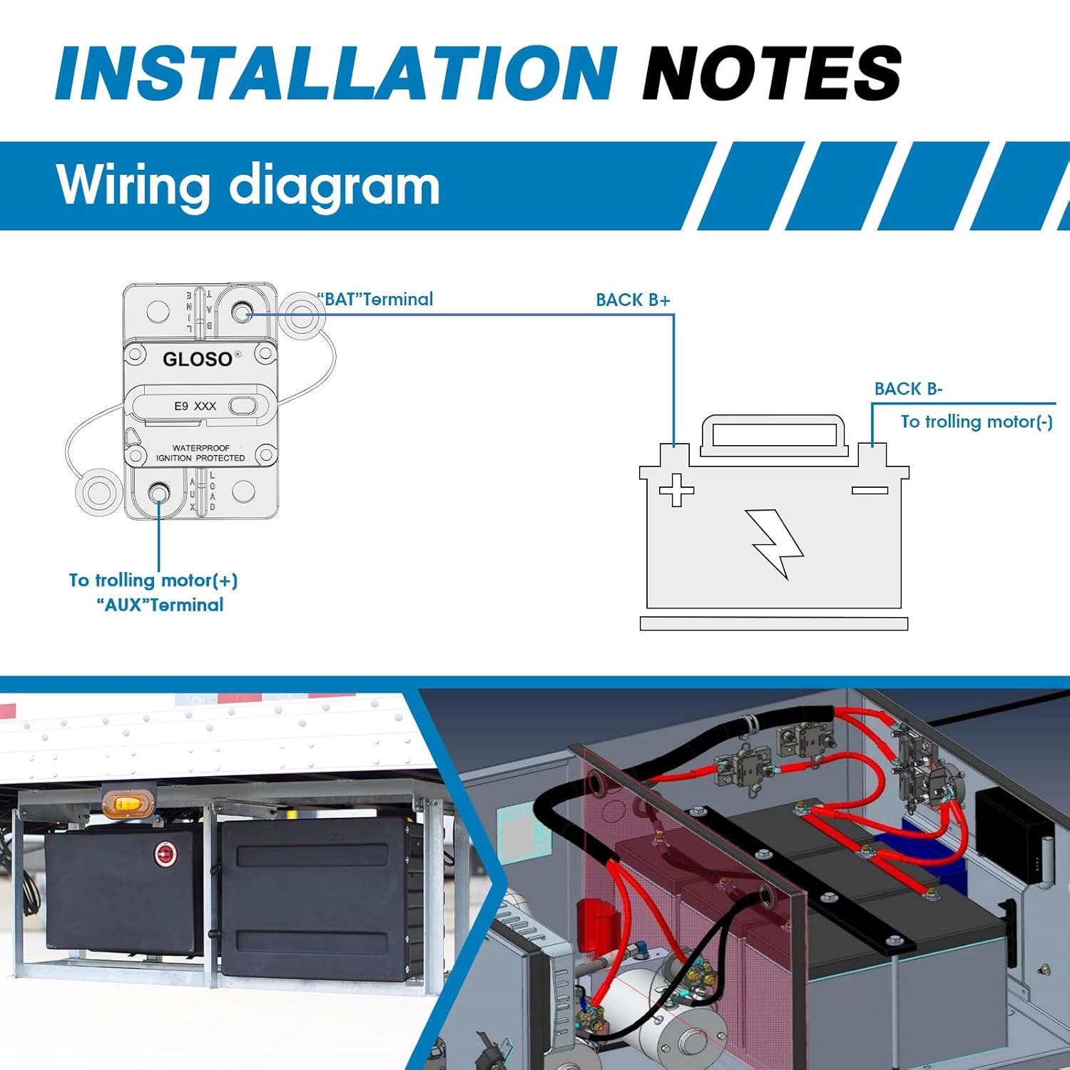 GLOSO E93 100A Circuit Breaker Waterproof IP67 Extended Surface Mount 3/8" Diagonal Stud for Marine RV and Truck Applications 12V-48V DC Protection (100A) image number 6