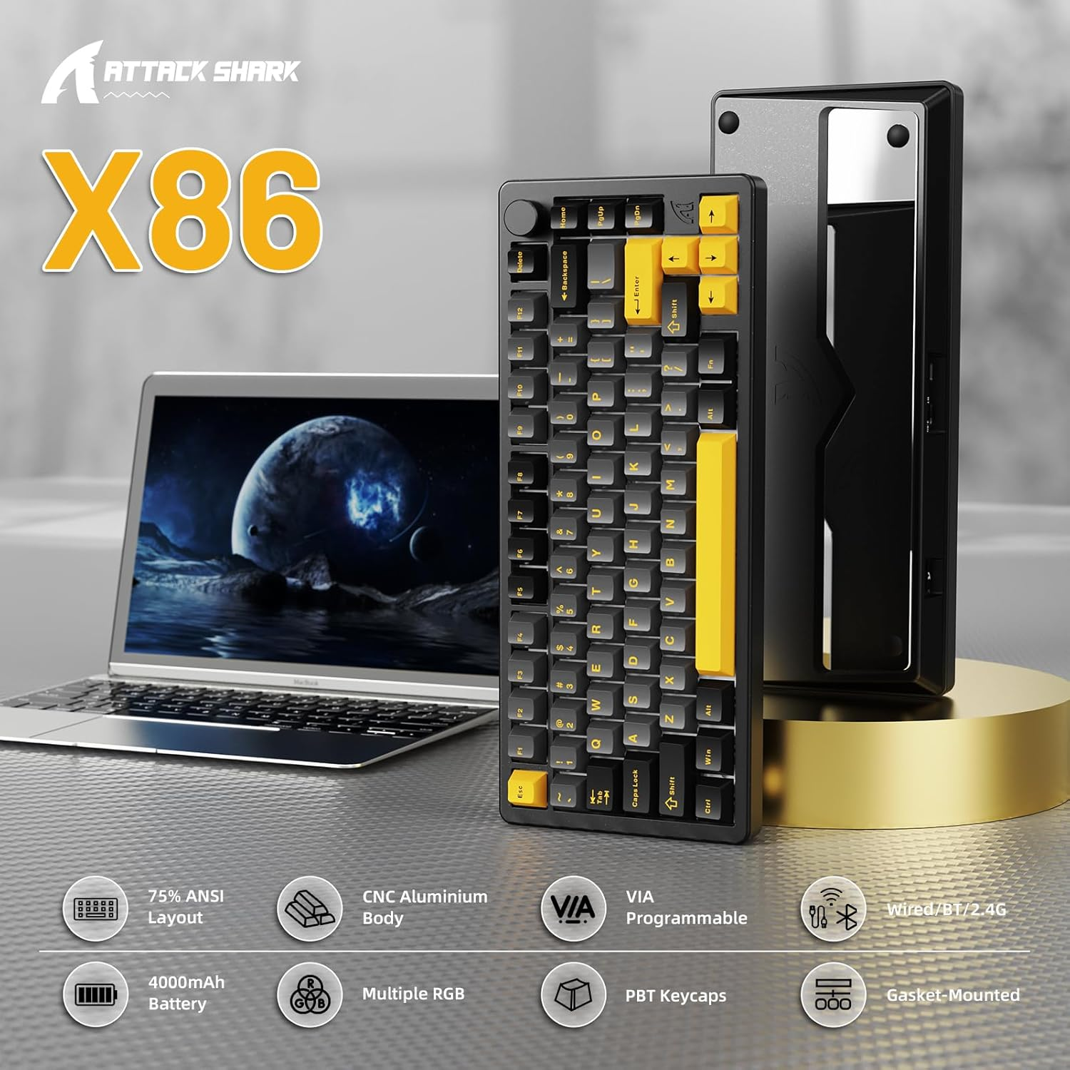 FELICON X Attack Shark X86 75% Aluminum CNC Wireless Mechanical Gaming Keyboard with Volume Knob,82 Key Gasket Hot Swappable RGB Custom Keyboard with 5-Layer Padding, Bt/2.4Ghz/Usb-C-Starshine Black image number 2