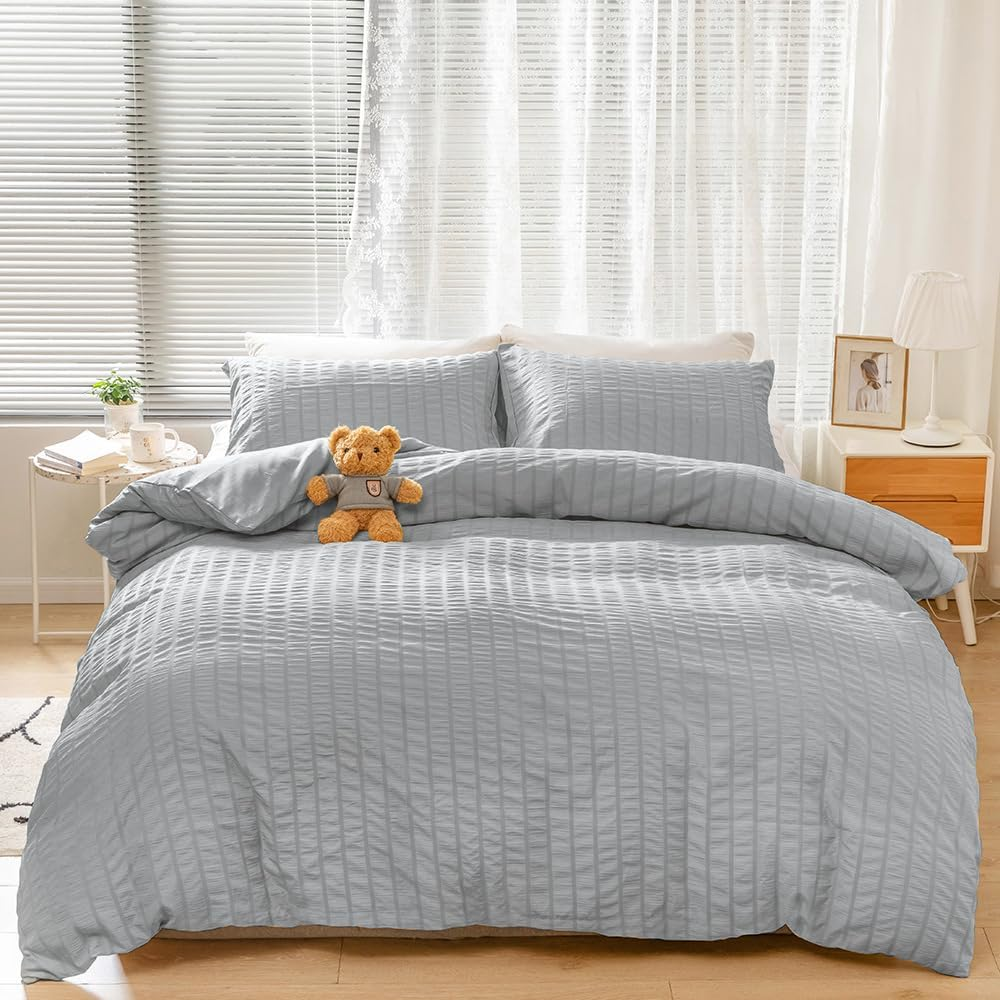 AYO Duvet Cover, Bedding Cover Set, Seersucker Fabric, Duvet Cover, Fitted Sheet, Pillow Case, Soft (Light Gray, Single, 3-Piece Set) image number 4