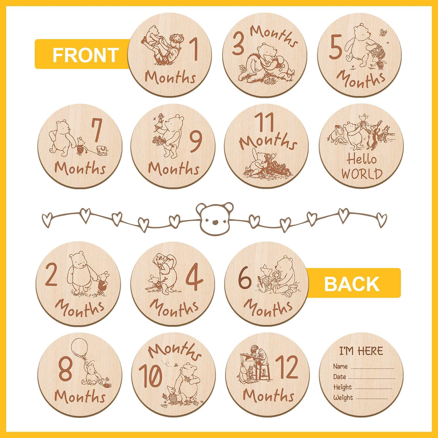 7 Pcs Winnie Baby Monthly Milestone Markers, Winnie Double Sided Winnie Baby Months Wooden Signs with Storage Bag, Winnie Baby Shower Gifts, Winnie Baby Monthly Announcement Wooden Discs, Winnie Gifts image number 3