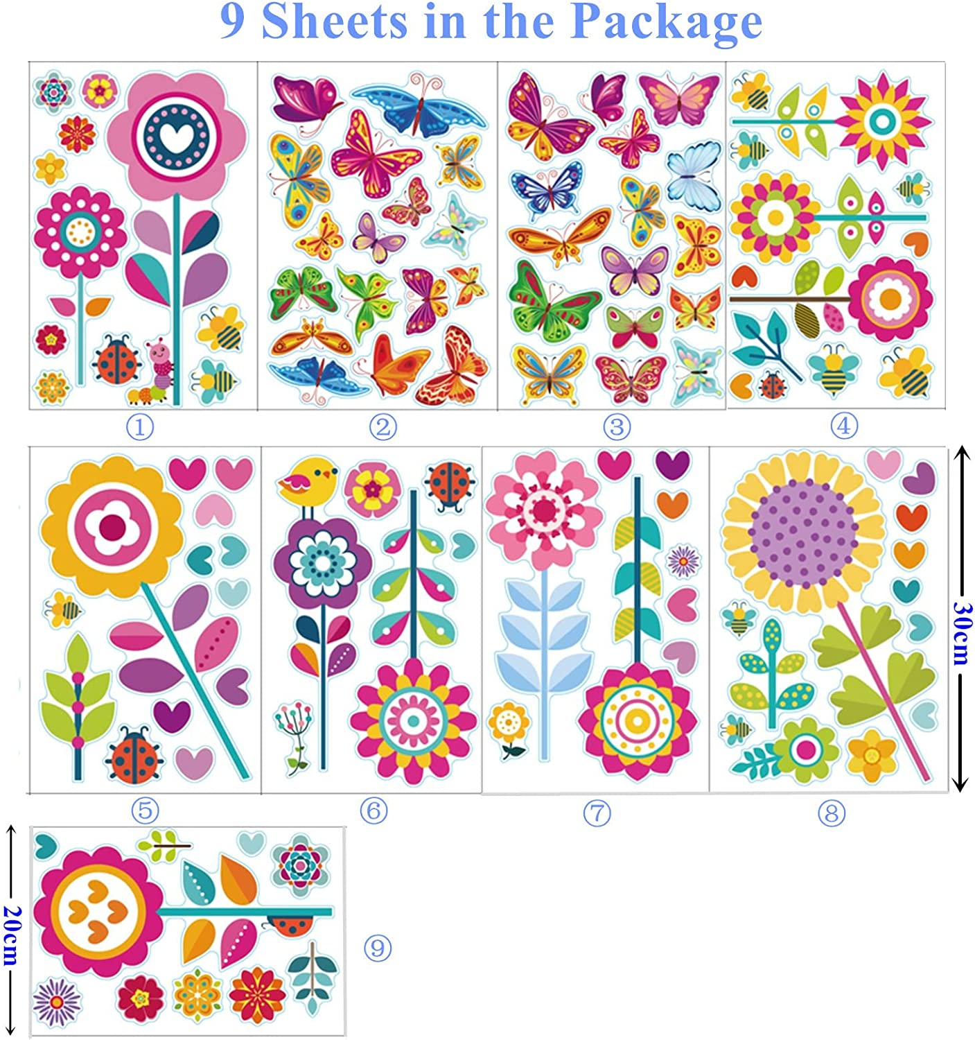 109Pcs Window Stickers, 9 Sheets Double Sided Reusable Window Decals with Flowers, Butterflies and Bee, Anti-Collision Stickers for Glass Door, Window Decorations for Home, School, Kindergarten, Shop.