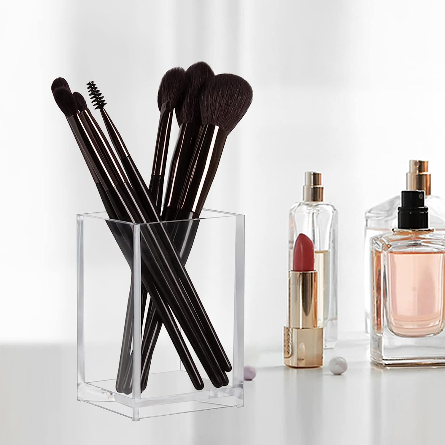 Boxalls Clear Makeup Brush Holders Organizers - 2 Pack, Acrylic Cosmetic Brush Eyeliner Storage for Dresser and Countertop, Desktop Pen Pencil Cup Pot for Office