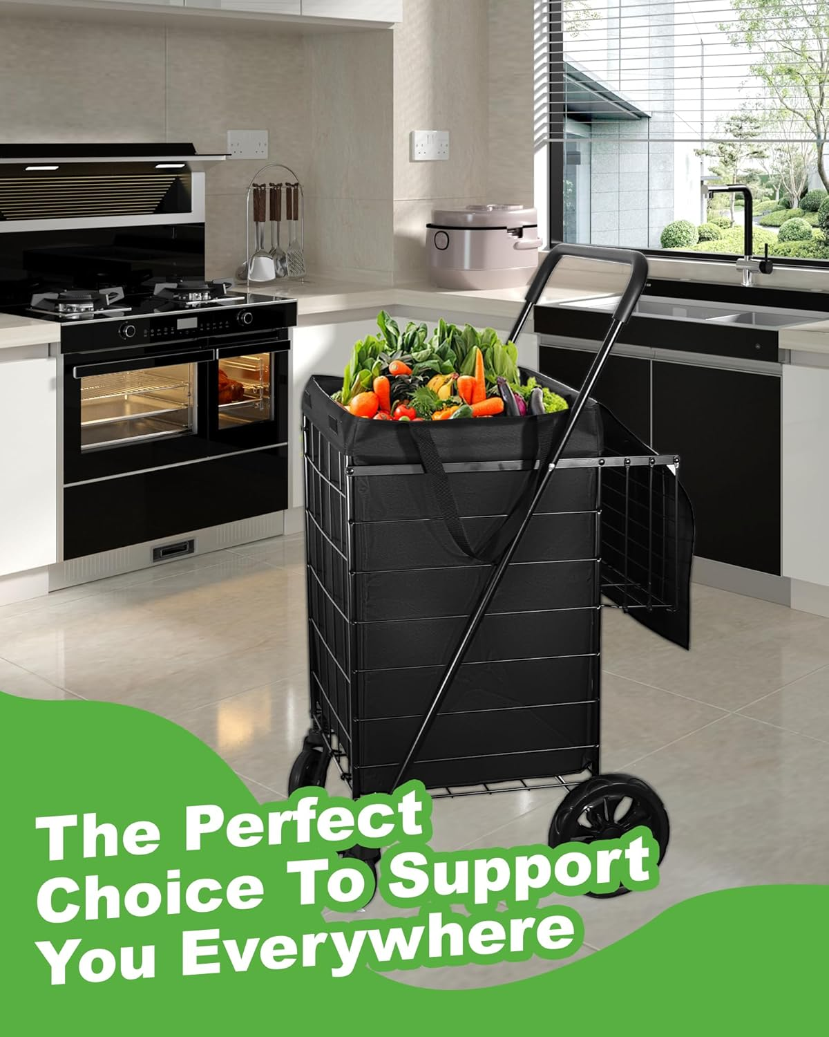 OASISCRAFT Foldable Shopping Cart with Waterproof Liner & 360&deg; Swivel Wheels | Collapsible & Lightweight Utility Cart for Groceries, Laundry, and More - Black image number 5