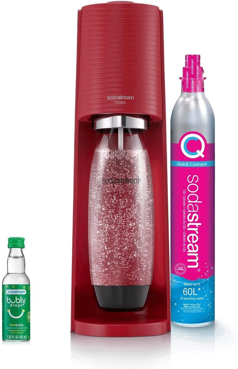 Sodastream Terra Sparkling Water Maker (Red) with CO2, Dishwasher Safe Bottle and Bubly Drop image number 4
