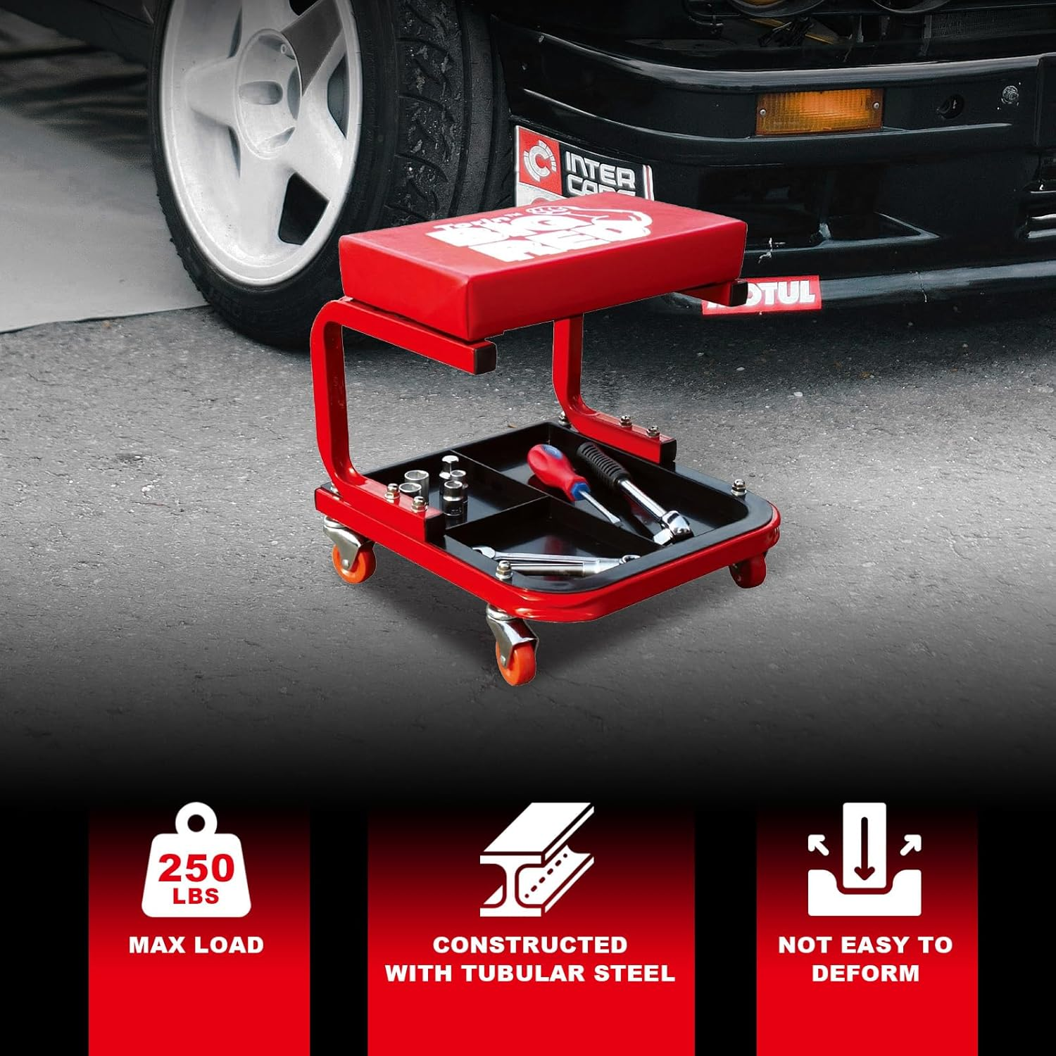 Torin TR6300 Rolling Creeper Garage/Shop Seat: Padded Mechanic Stool with Tool Tray, Red image number 5