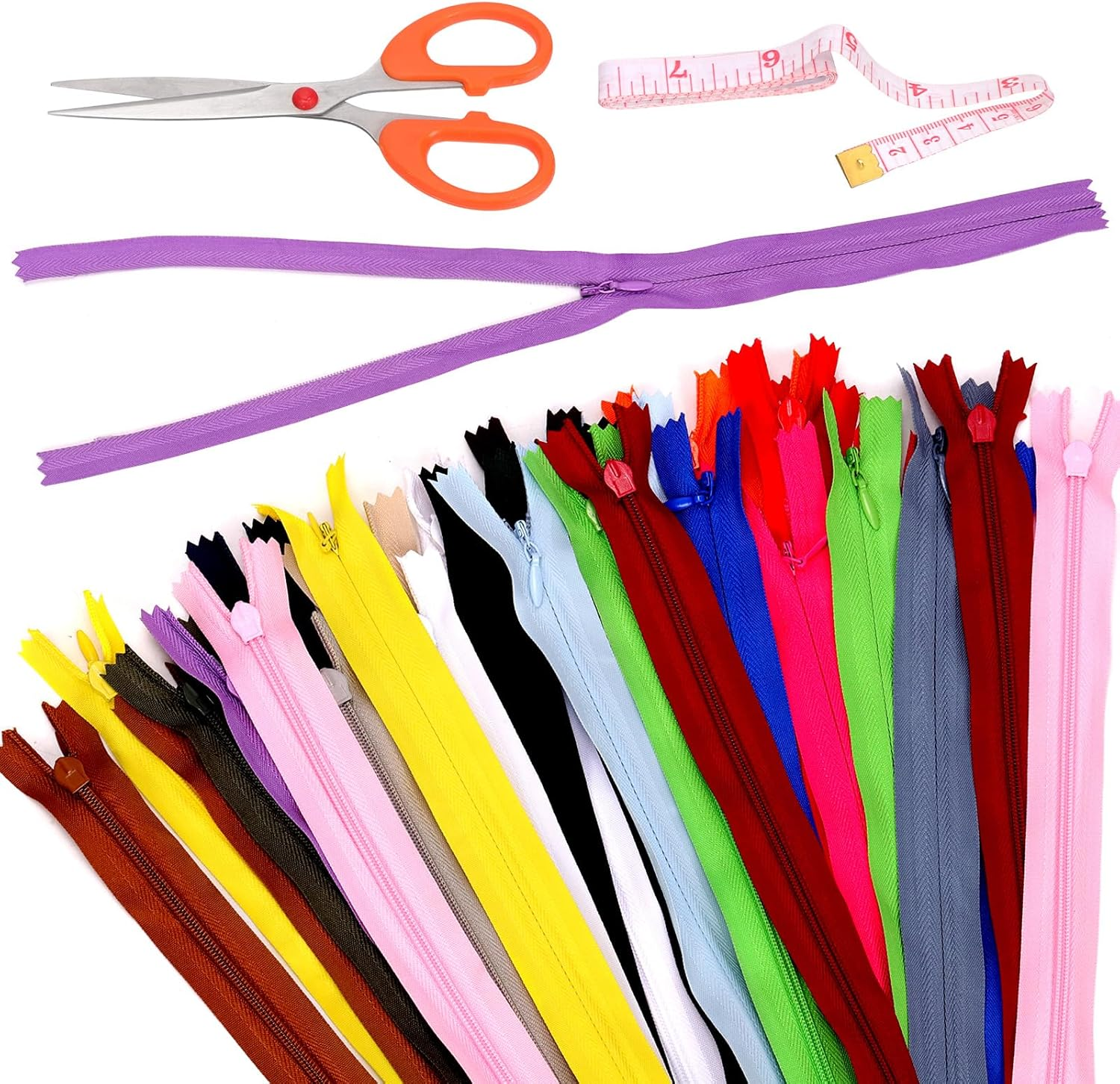 Swpeet 42Pcs 20 Mixed Color 16" Nylon Invisible Zippers with Measuring Tape and Scissors Assortment Kit, Hidden Zipper Multicolor Nylon Invisible Sewing Zipper for Tailor Garment Sewing Craft