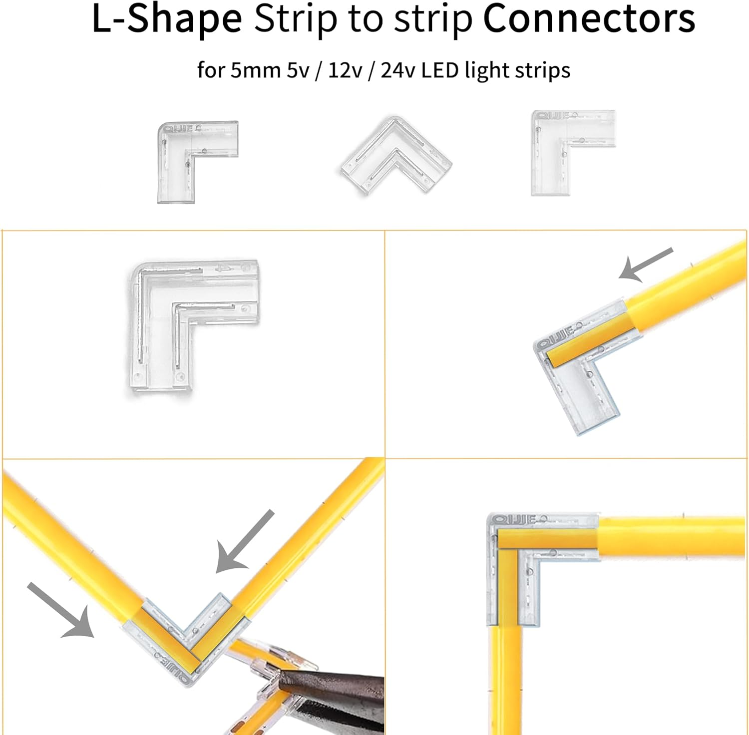 Clearhill 5Mm 2Pin 24PCS Press-In Assembly COB LED Strip Connector Corner Kit,14Pcs Strip to Strip Connectors,6Pcs L-Shape Connectors,4Pcs Strip to Wire +10Cm Cable Connectors,For 5V 12V 24V Strip. image number 3