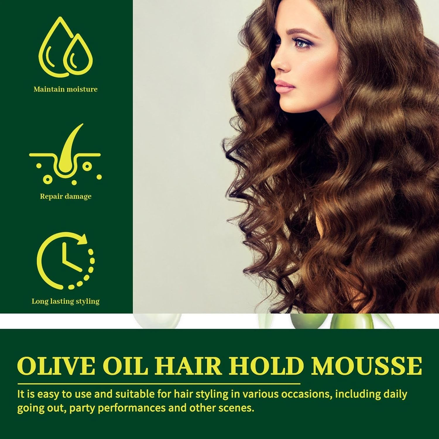 Moisturising Hair Mousse with Olive Oil - Anti-Frizz Styling Foam | Gives Shine, Controls Frizz and Provides Long Lasting Hold | Suitable for Braids, Waves and Wigs | Lightweight, P
