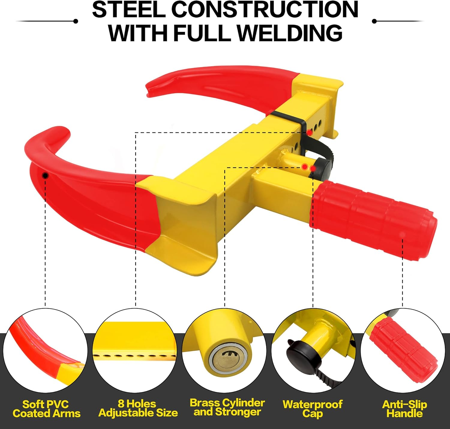 KAYCENTOP Wheel Clamp Lock Tire Lock anti Theft Lock Fit Most Vehicles Max 10" Tire Width and 7" Reach for Trailers SUV Boats Atvs Motorcycles Golf Cart Great Deterrent Bright Yellow/Red image number 6