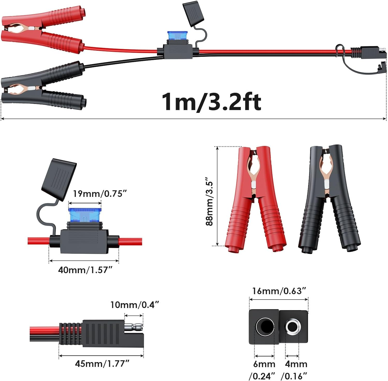 SAE to Alligator Clip Extension Cable Wire, 14AWG 12V-24V SAE Adapter to Alligator Clip Disconnect Cable with Fuse, 2Pin Quick Disconnect Battery Clamp Cable for Battery Charger/Maintainer