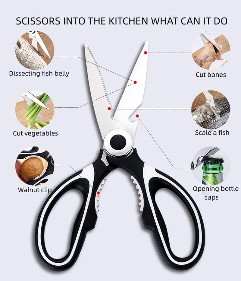 Heavy Duty Kitchen Scissors, Sharp Kitchen Scissors Multipurpose Utility Stainless Steel Scissor, Kitchen Shears for Chicken, Poultrymeat, Vegetables, Herbs, Bbq,Bottle & Jar Opener（2Pcs ）