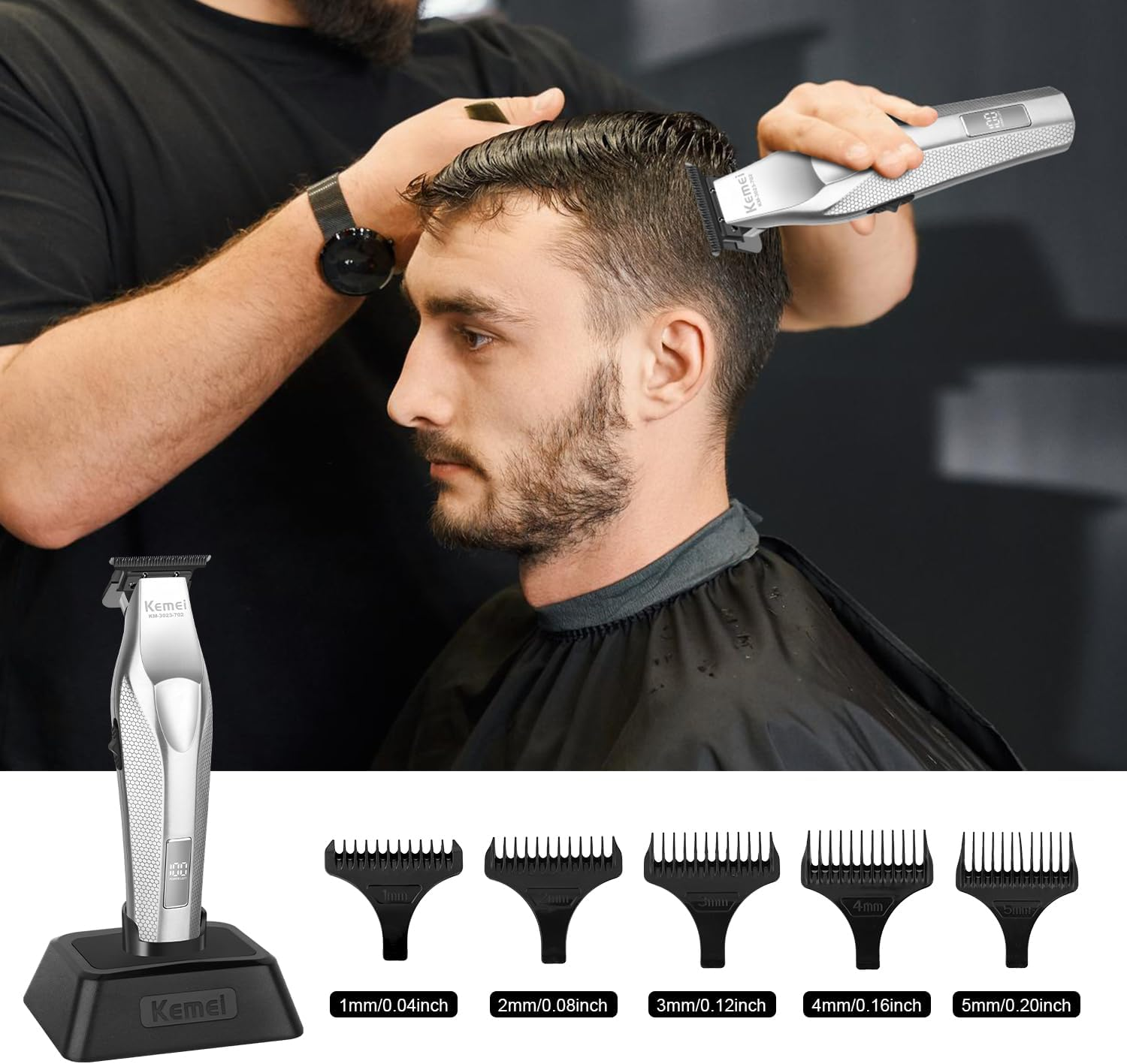 KEMEI KM-3023-702 Professional Hair Clipper for Men, Zero Gapped Cordless Beard Trimmer, Barber Clippers with USB Rechargeable, Edgers, Fade Clipper, Gift for Men image number 4
