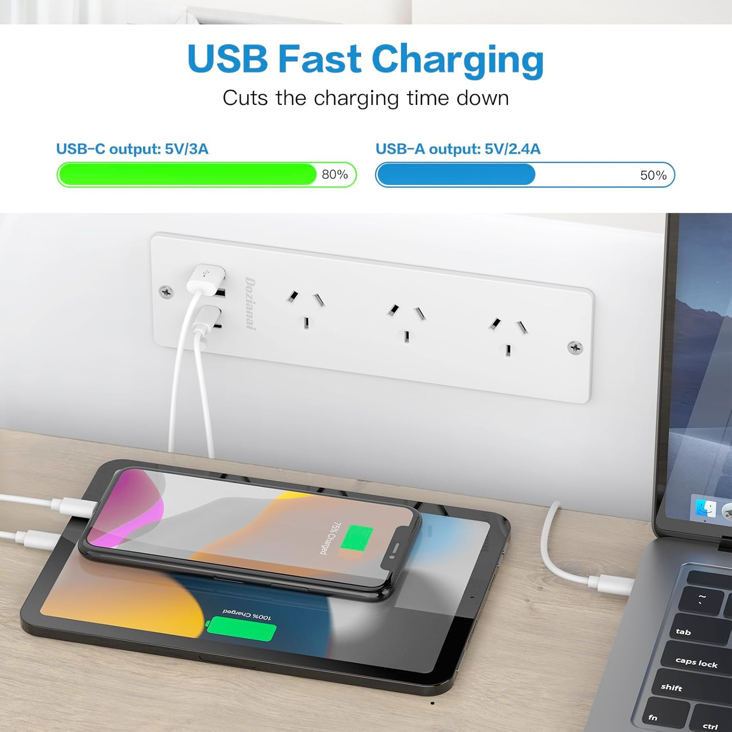 Recessed Power Board with 3 Outlets 4 USB Ports (2&times;USB-C, 2&times;USB-A), 10A/2400W, 2M Extension Cord, Space-Saving Drawer Outlet Flush Mount Power Strip for Desk, Home Office (White) image number 2