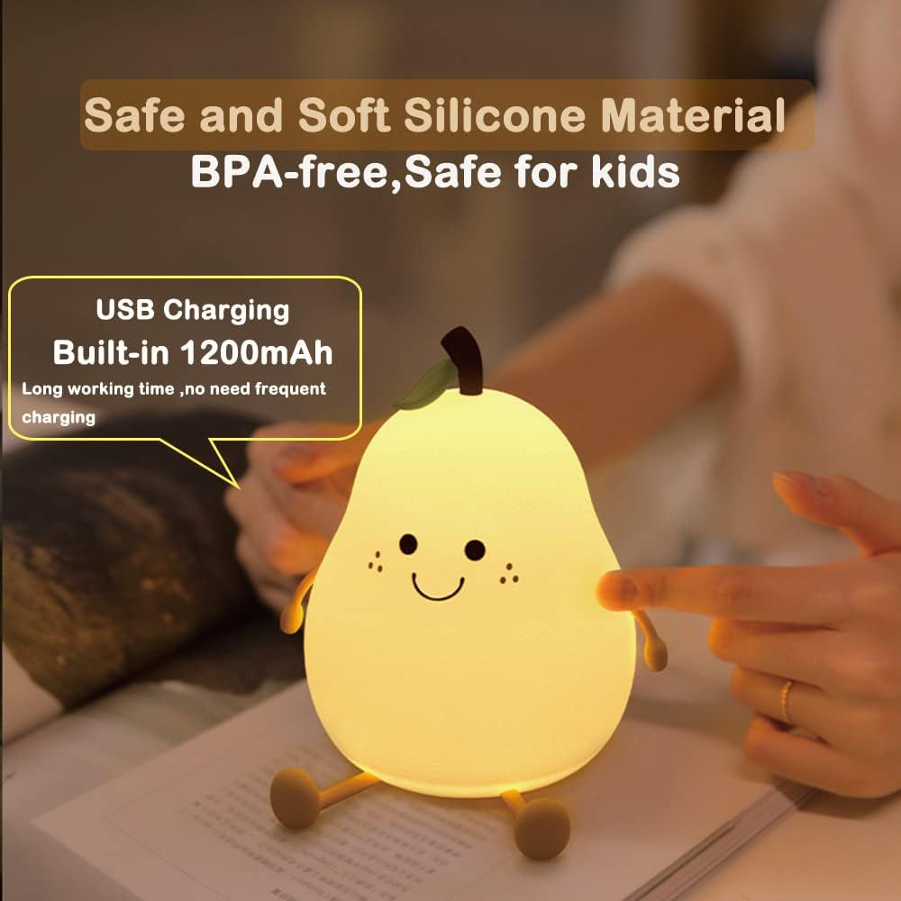 LADWOKFI Silicone Night Light Lamp Cute Pear USB 1200Mah Rechargeable Lights Bedroom with Timing Function 7 Color Dimmable Night Light Nightlights for Kids Adult Room/Bedroom Gift image number 6