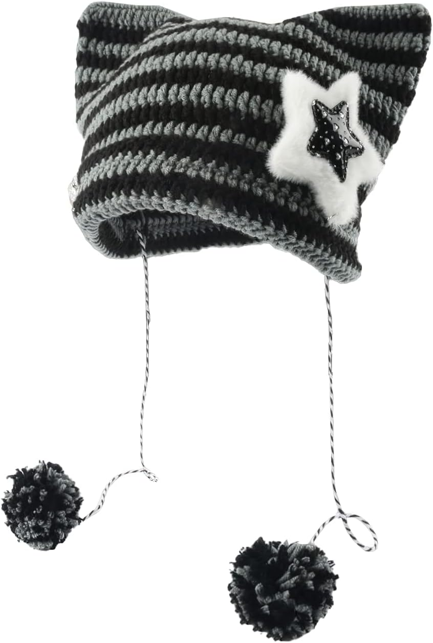 Y2K Beanies Vintage Grunge Crochet Hats for Women Kawaii Cute Fox Cat Knitted Hat Y2K Accessories for Teen Girls