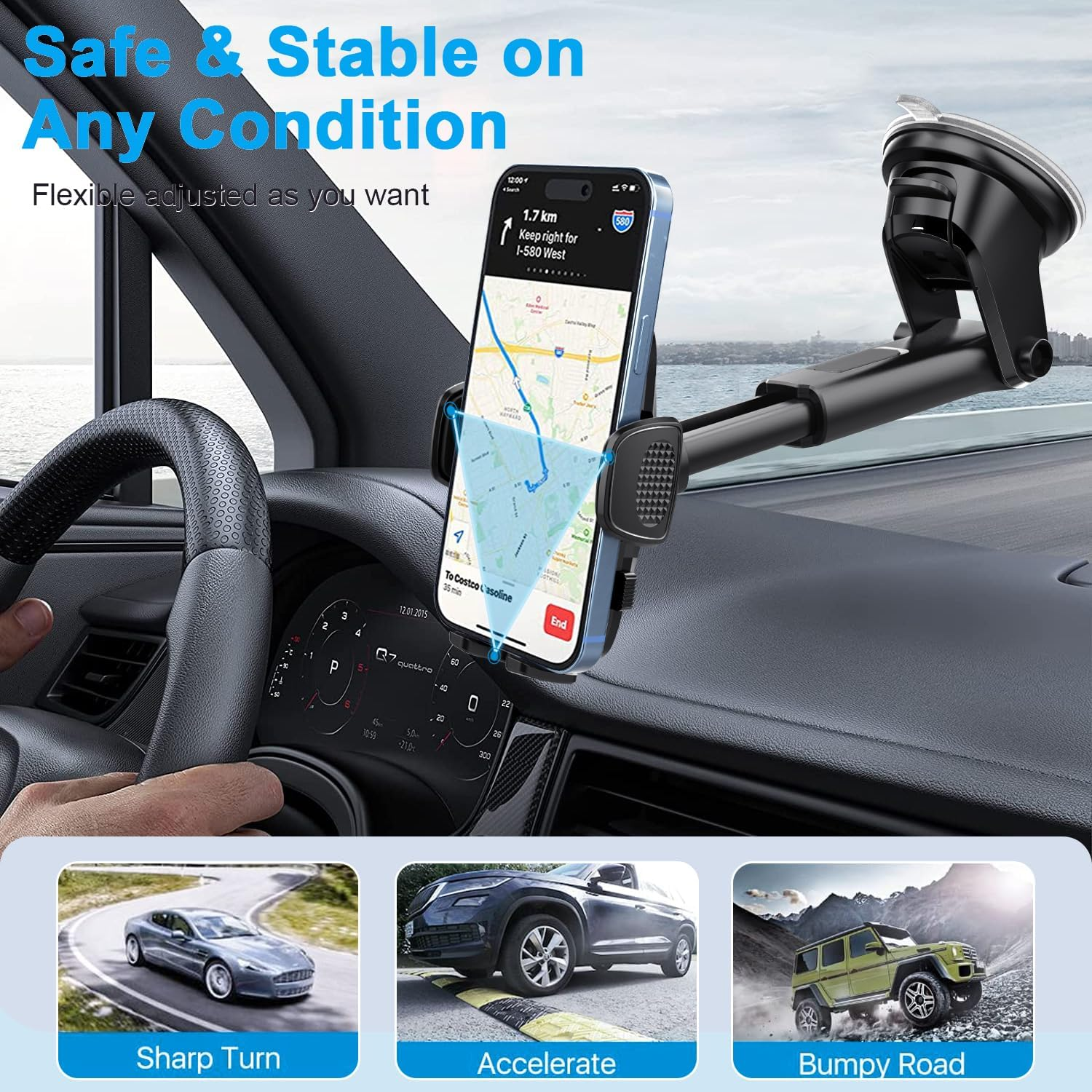 BASEMO 3-In-1 Car Phone Mount &ndash; Dashboard, Windshield & Air Vent Holder with 360&deg; Rotation, Secure Suction, Fits 4.7-7.2 Inch Mobile Phones (Iphone, Samsung, Huawei) (Side-Opening Type) image number 4