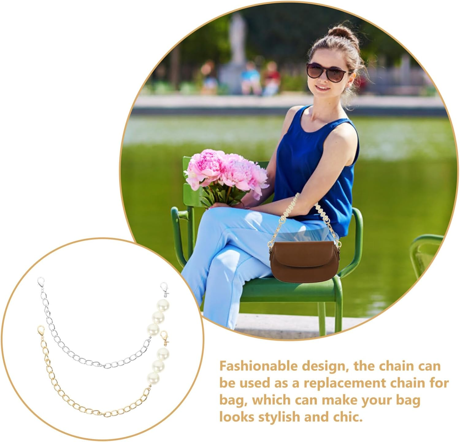 TEHAUX 4Pcs Pearl Covered Chain for Bag Replacement DIY Handbag Purse Chain Decorative image number 5