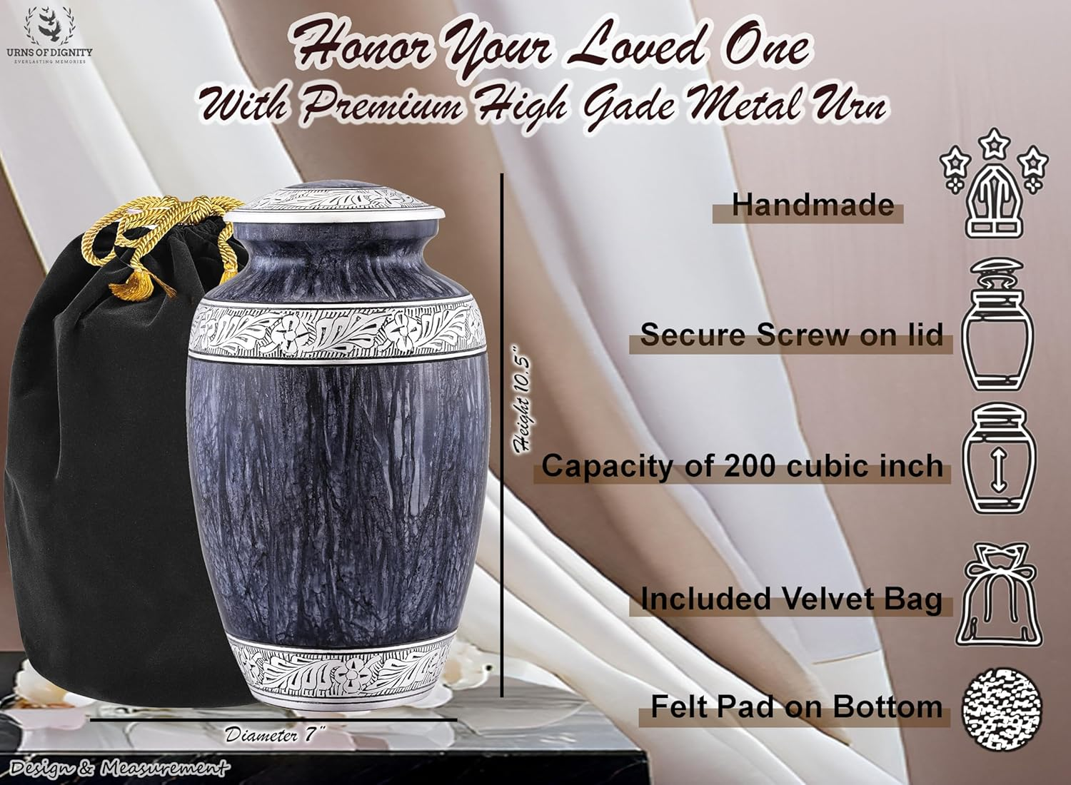 Cremation Urn for Human Ashes &ndash; Large Adult ERN for Ashes &ndash; Funeral Urn for Men & Women &ndash; Memorial ERN for Loved Ones &ndash; Burial Urn for Home, Columbarium, or Funeral Service (Grey, Adult) image number 2