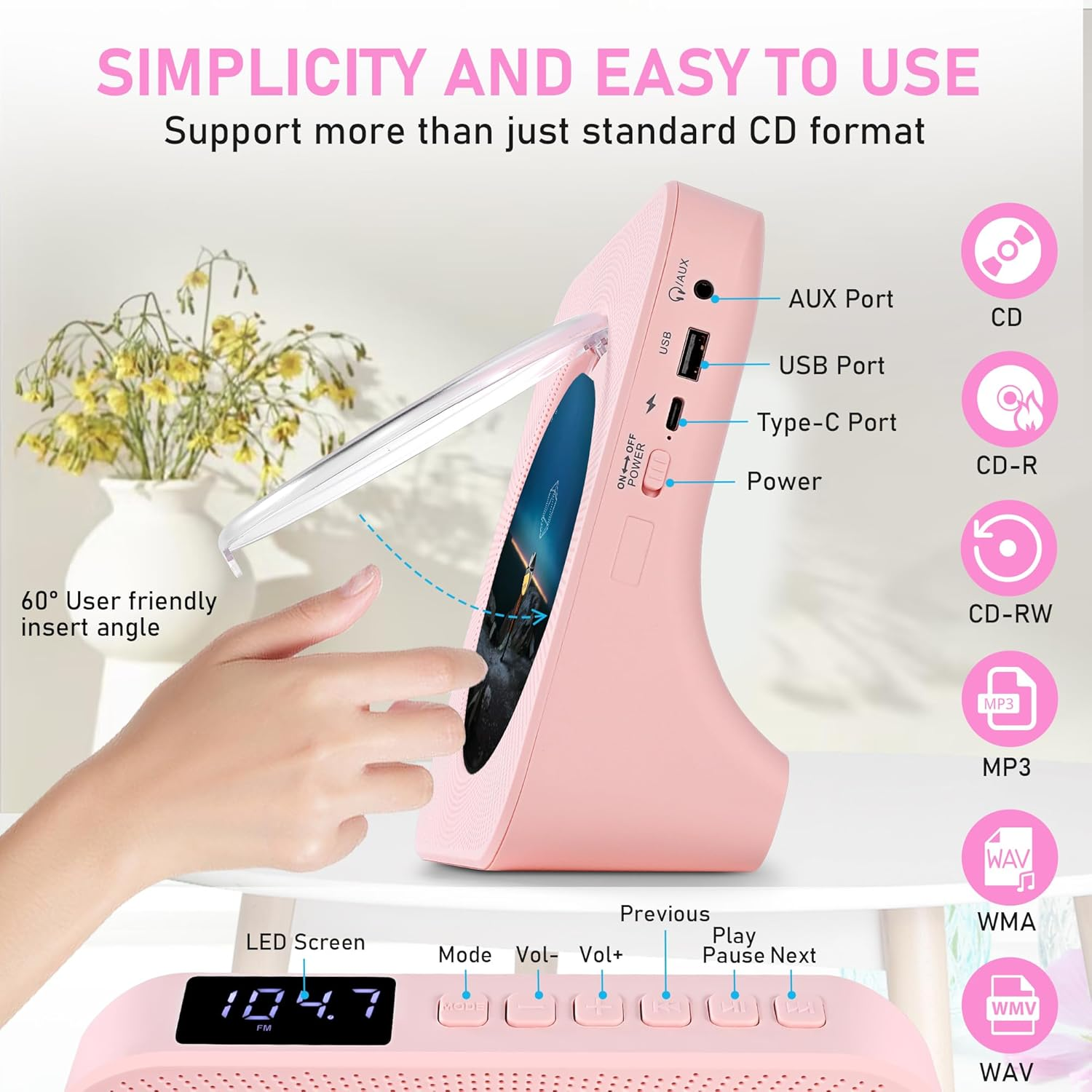 Portable Bluetooth CD Player Timer, Desktop Cd-Player Built-In Dual Hifi Sound Speakers, Kpop Players with Bluetooth Receive, Compact Music Player with Remote Control, Support USB, AUX Port, FM Radio image number 5