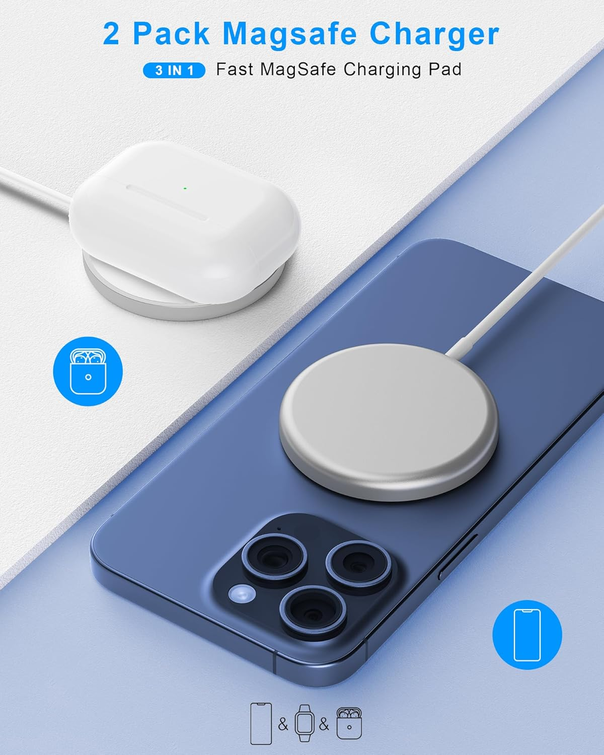 3 in 1 Fast Wireless Charger Magnetic Wireless Charging Compatible with Iphone 16/15/14/13/12 Series, Apple Watch, Airpods Pro 2/Pro/4/3/2, Apple Mag-Safe Charge image number 2