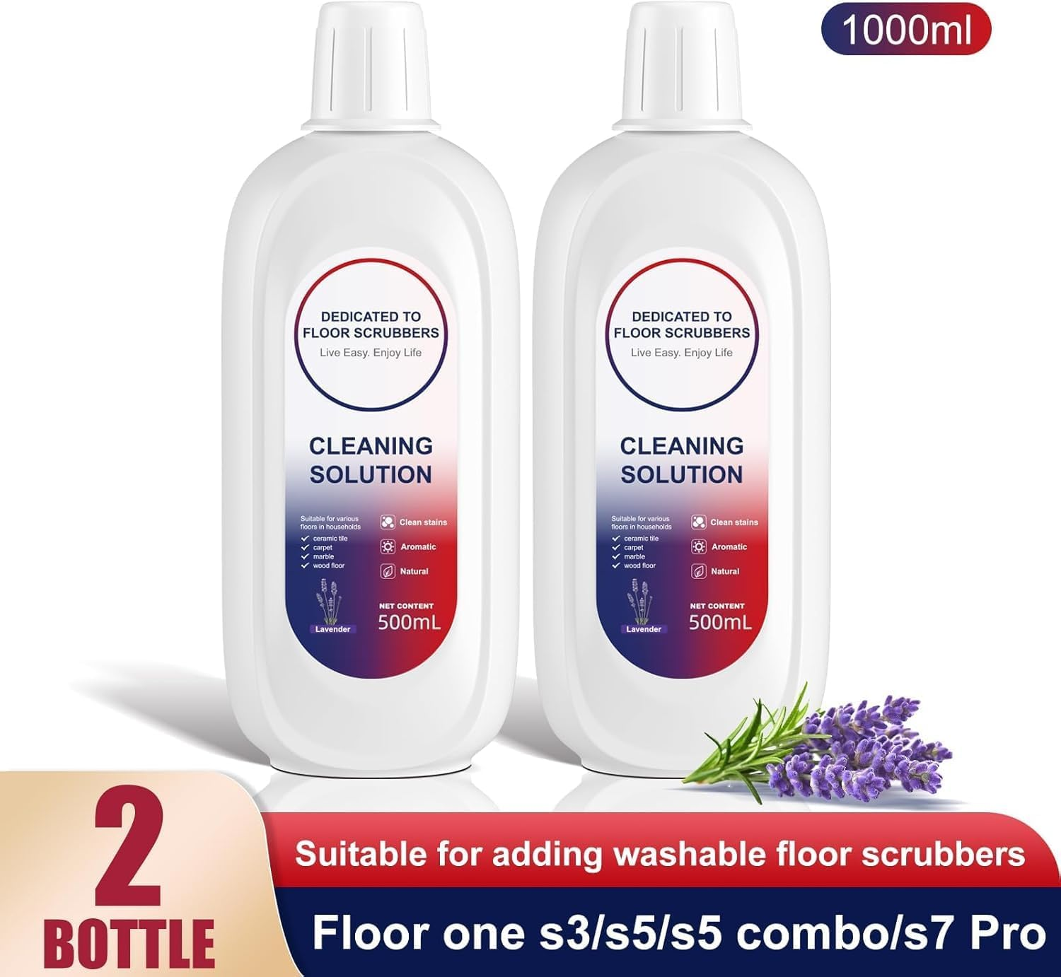 2 Bottle Lavender Floor Cleaning Solution Compatible with Tineco, Deep Cleans for Multiple Hard Floors, Suitable with All Robot Vacuums with Mopping and Cordless Wet/Dry Vacuum Mop Cleaner(1000Ml) image number 6