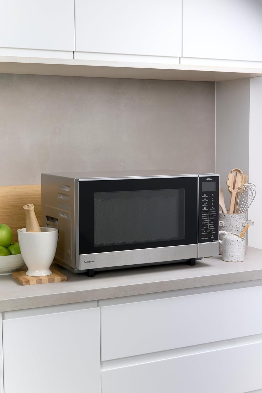 Panasonic 27L 1000W Inverter Flatbed Microwave, 17 Pre-Programmed Menus, 6 Power Levels, Touch Pad Control, Stainless Steel, Silver (NN-SF57QSQPQ) image number 1