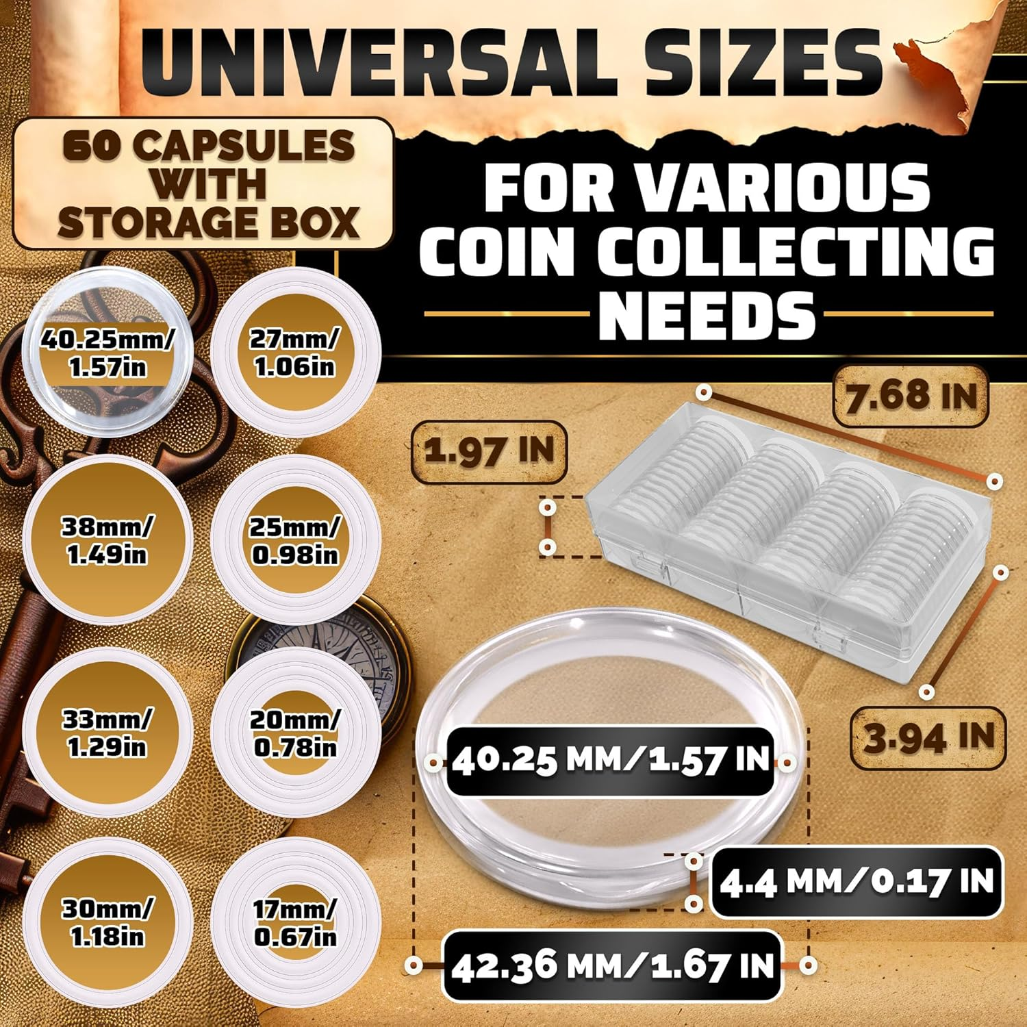 40 Mm Silver Coin Holder Coin Case Coin Capsules Storage Container with Storage Organizer Box for Coin Collection Supplies (60 Pieces)