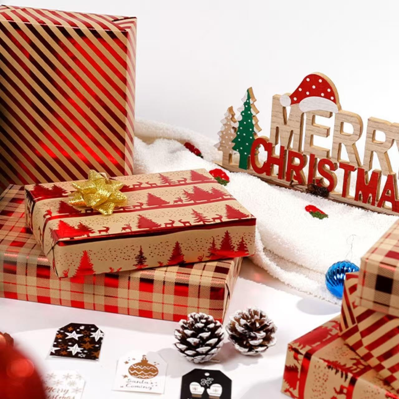 SUPNBDM Christmas Wrapping Paper, Kraft Wrapping Paper for Xmas Day,3 Rolls, 45Cm Width 3M Length Each,With Classical Xmas Pattern Lucky Red,Christmas Wedding Birthday Gift Wrapping Paper image number 3