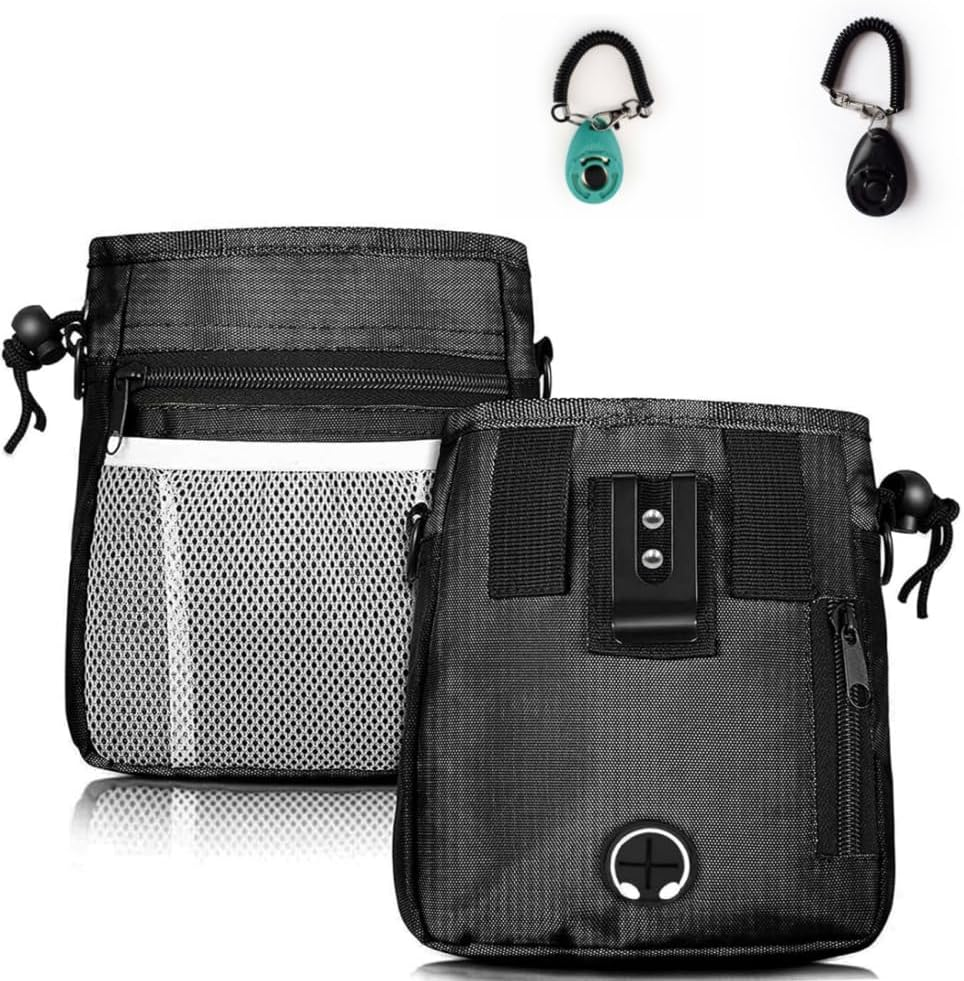 1PCS Dog Treat Pouch, Pet Training Clicker 2 Pcs, Pet Treat Pouch, Built-In Poop Bag Dispenser (Black) image number 5