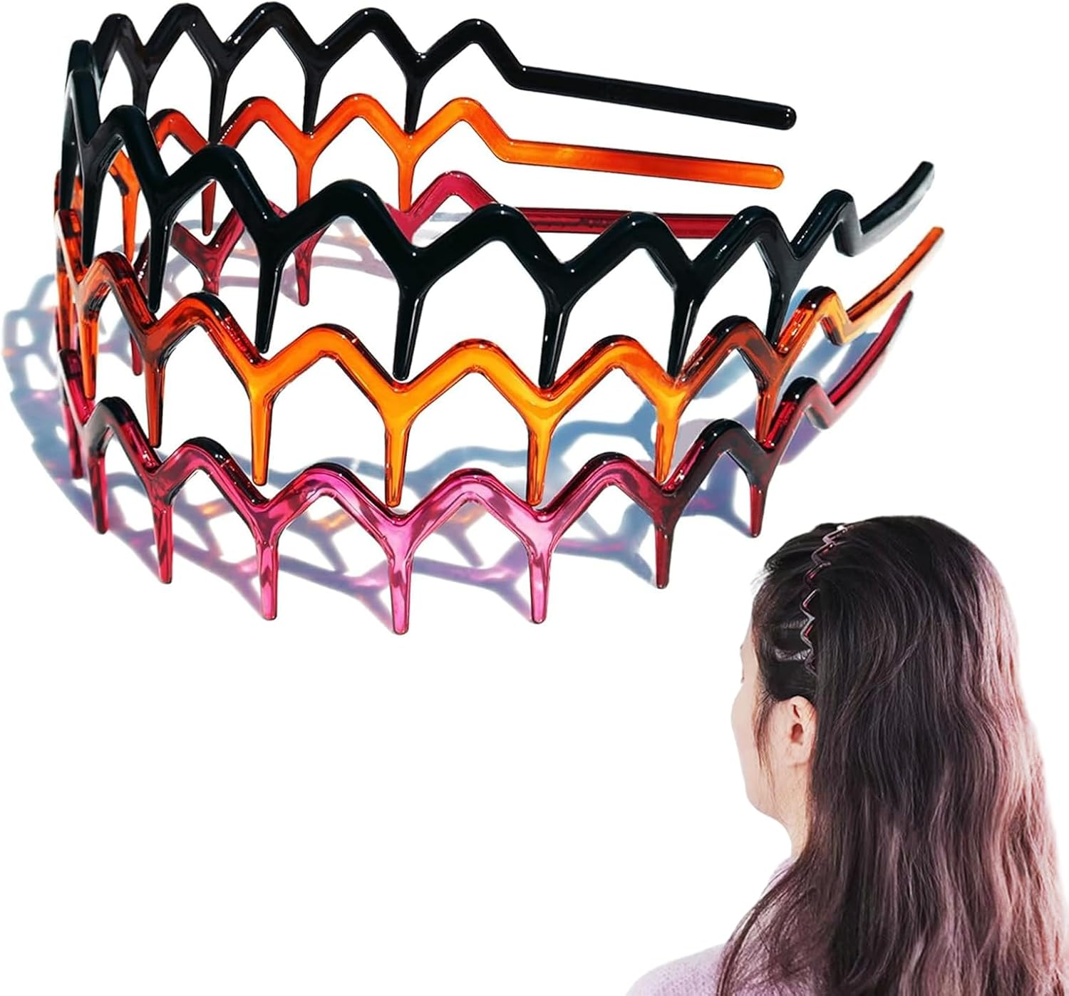 3 Piece Zigzag Hair Comb Set - Plastic Shark Tooth Hair Brush, Headband, 90S Style (1 Black + 1 Brown + 1 Purple) image number 4