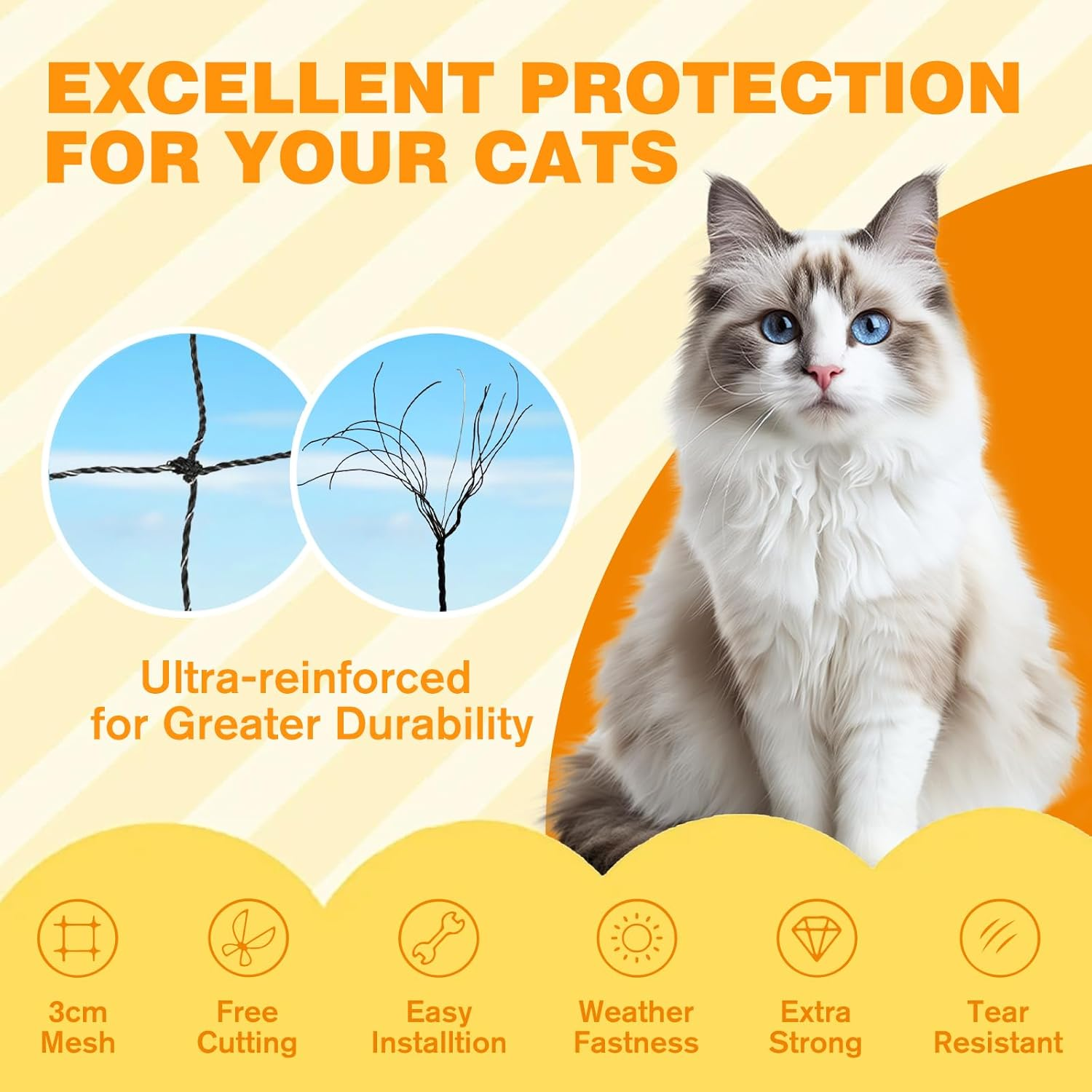 Steel Reinforced Cat Netting for Balcony Anti-Fall Fence Safety Net, Extra Strong Cat Net for Catio Safety Cat Balcony Netting for Pets Cat Proof Screen Pet Net Cat Balcony Protection Barrier10Ftx20Ft image number 2