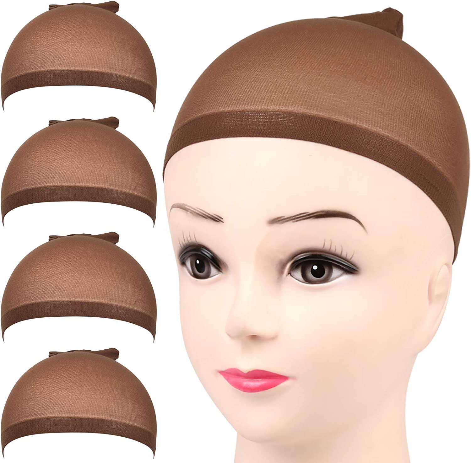 FANDAMEI 4 Pieces Dark Brown Stocking Wig Caps Stretchy Nylon Wig Caps for Women