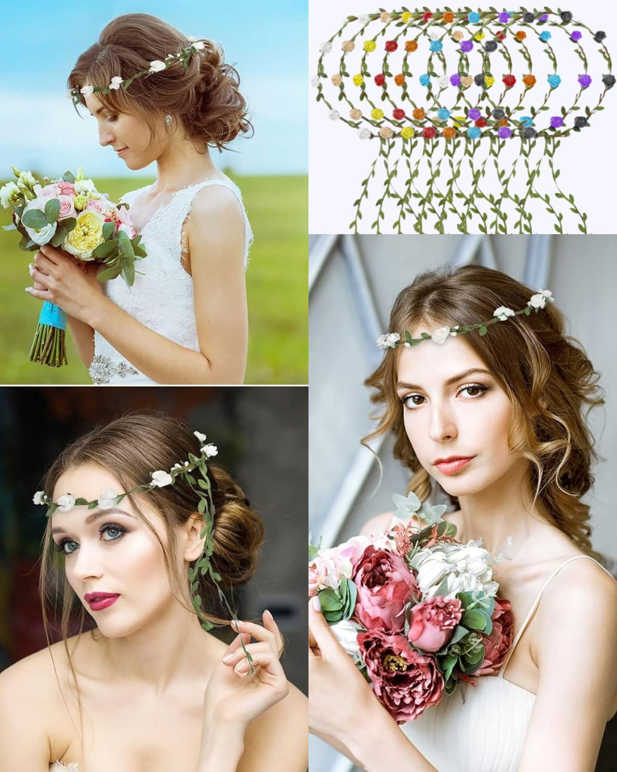 WUNZILO 8 Pcs Flower Wreath Flower Crown Girls Multicoloured Bohemian Floral Garland Headdress Headband Hair Band for Birthday Party Wedding Bride Bridesmaid image number 5