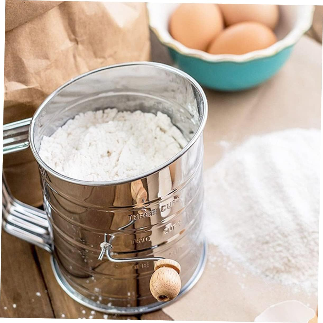 BRIGHTFUFU Hand-Operated Flour Sifter Sieve Fine Mesh Stainless Steel Flour Sifter for Baking image number 2