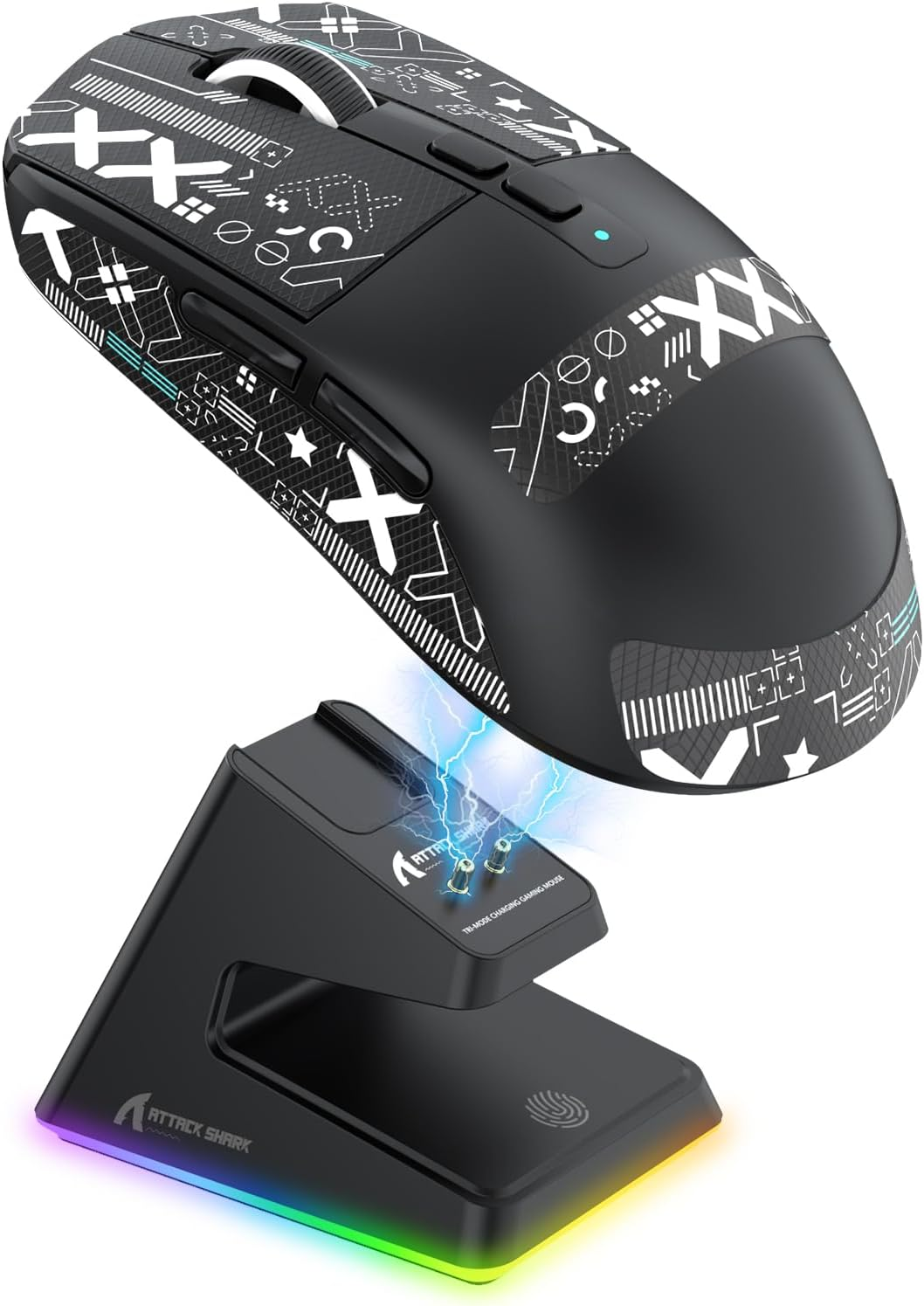 MANBASNAKE X6 Superlight Wireless Gaming Mouse with Magnetic RGB Charging Base, Ultralight 49G Pixart PAW3395 Mouse, 26000DPI, Tri-Mode 2.4G/USB-C Wired/Bluetooth Mouse, Adhesive Tape