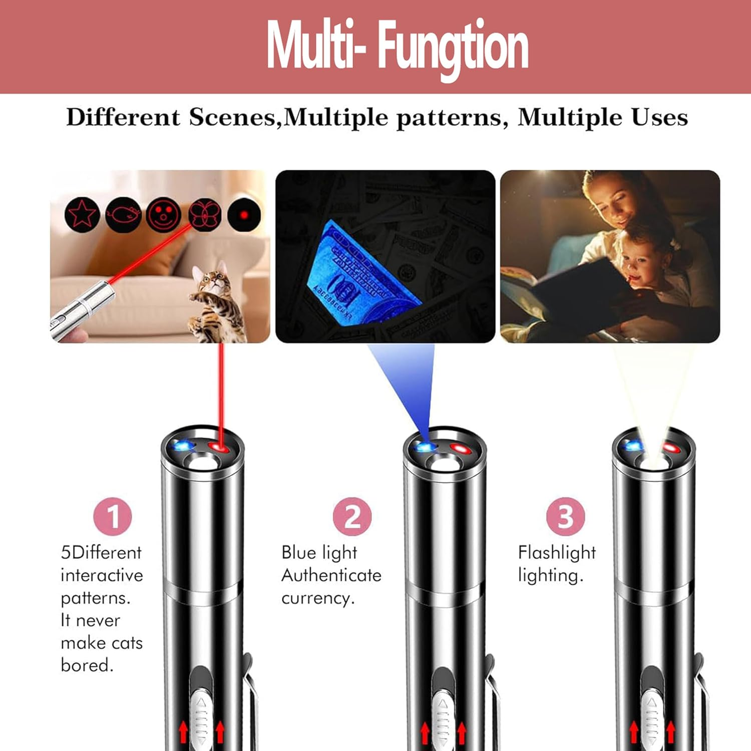 Cat Laser Pointer Toy, 3 Light Modes, 5 Patterns, Interactive Pet Wand, Rechargeable image number 2