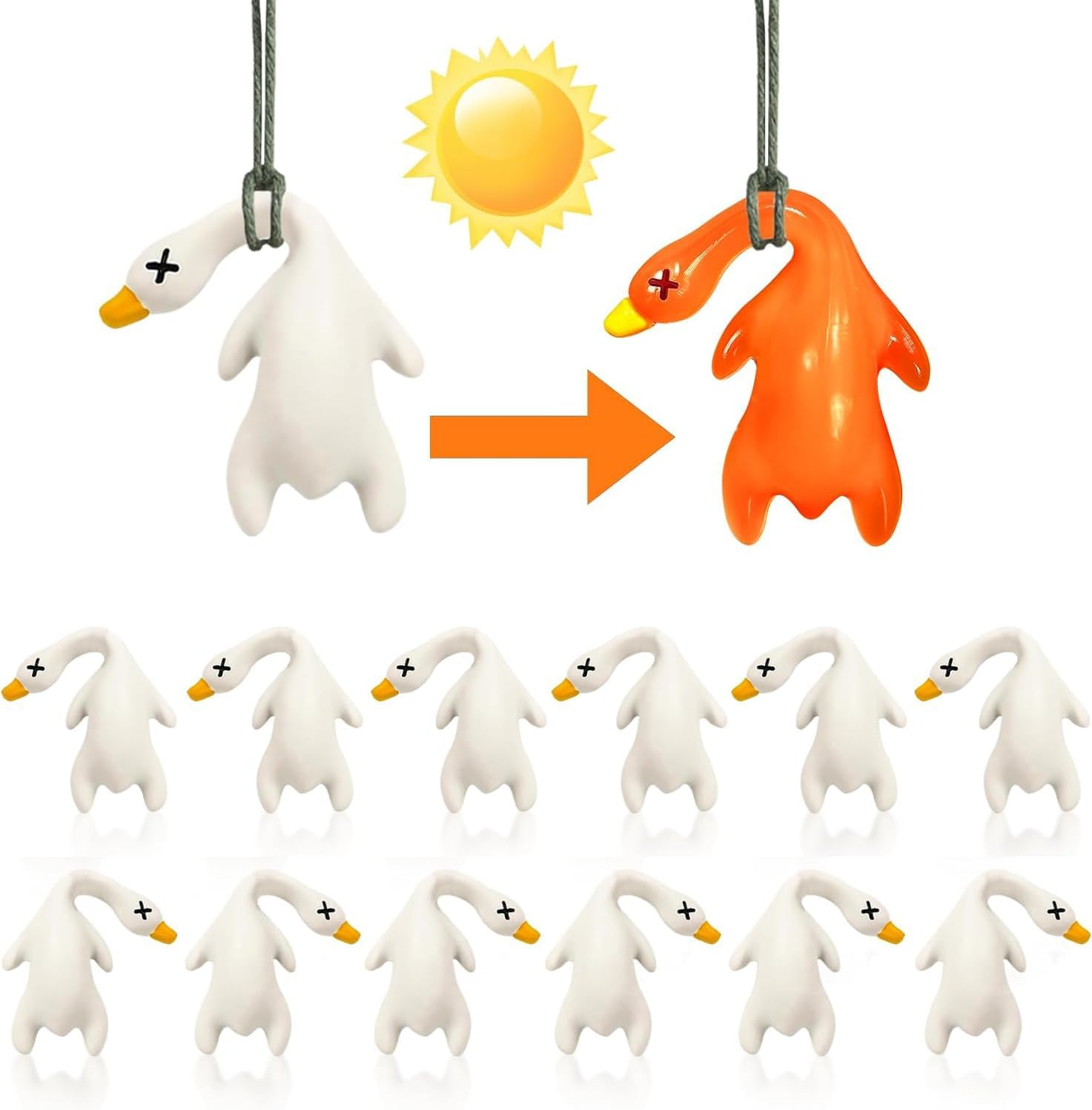 Duck Car Accessories 12-Pack - UV Color Changing Roast Duck Shape Pendant with Temperature Reminder, Fun Sunscreen Tester for Car Mirror, Bicycle, Indoor & Outdoor Decoration image number 1