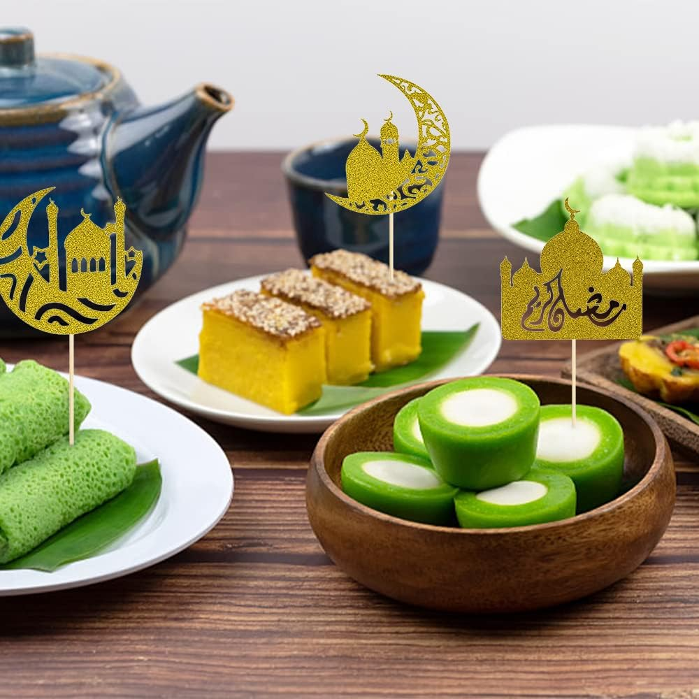 ALIBBON 30Pcs Eid Mubarak Cupcake Toppers, 3 Patterns Glitter Gold Moon Castle Cupcake Picks, Ramadan Mubarak Cake Topper, Ramadan Kareem Party Decorations Islamic Muslim Party Decors Supplies image number 6