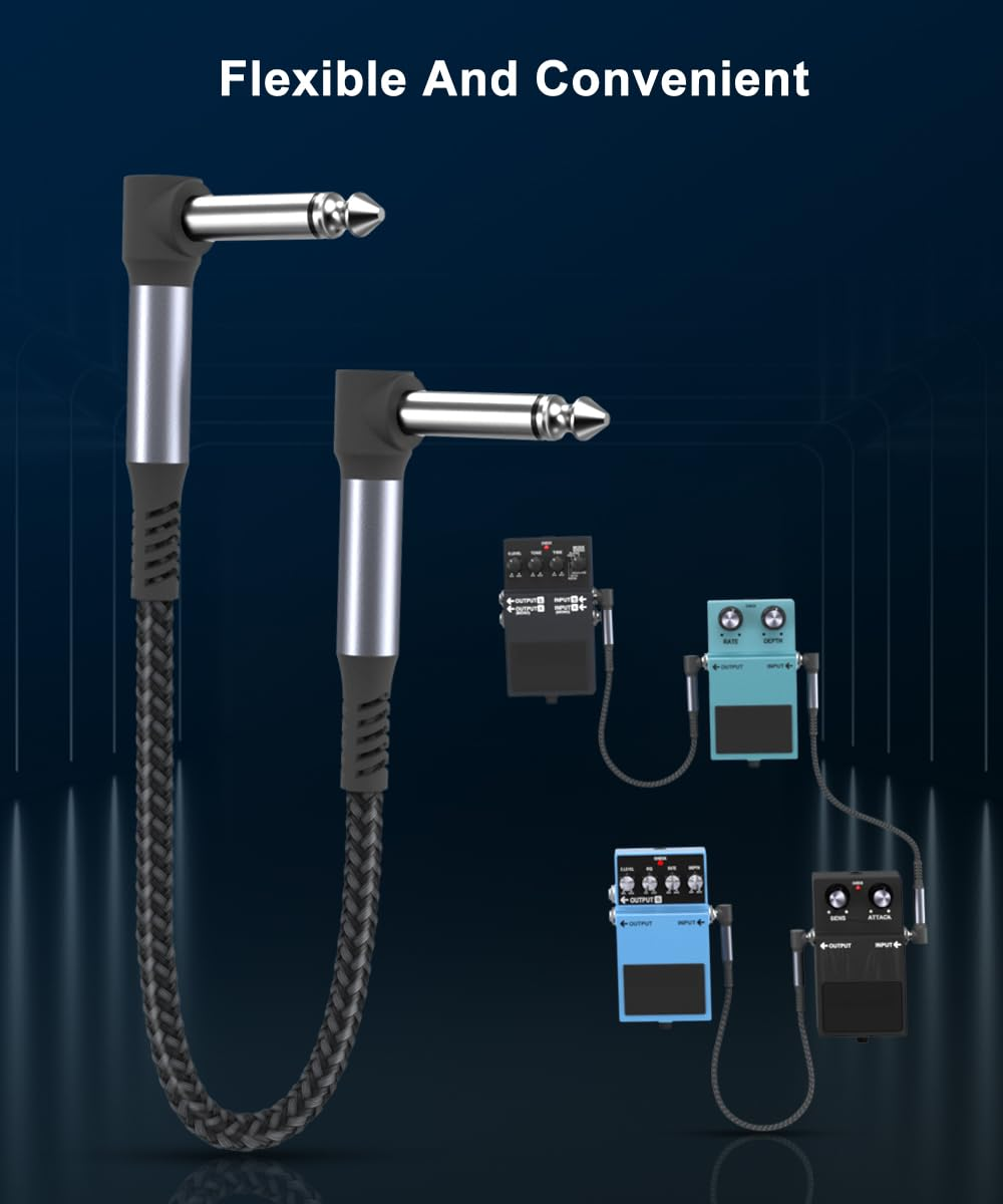 RUXELY Guitar Patch Cables 30CM 6-Pack,6.35Mm Effects Pedal Board Cord,Nylon Braided 1/4" Right-Angle Instrument Audio Cable,Pedalboard Connector TS Copper Wire for Amp/Amplifier,Mixer,Electric Bass image number 5