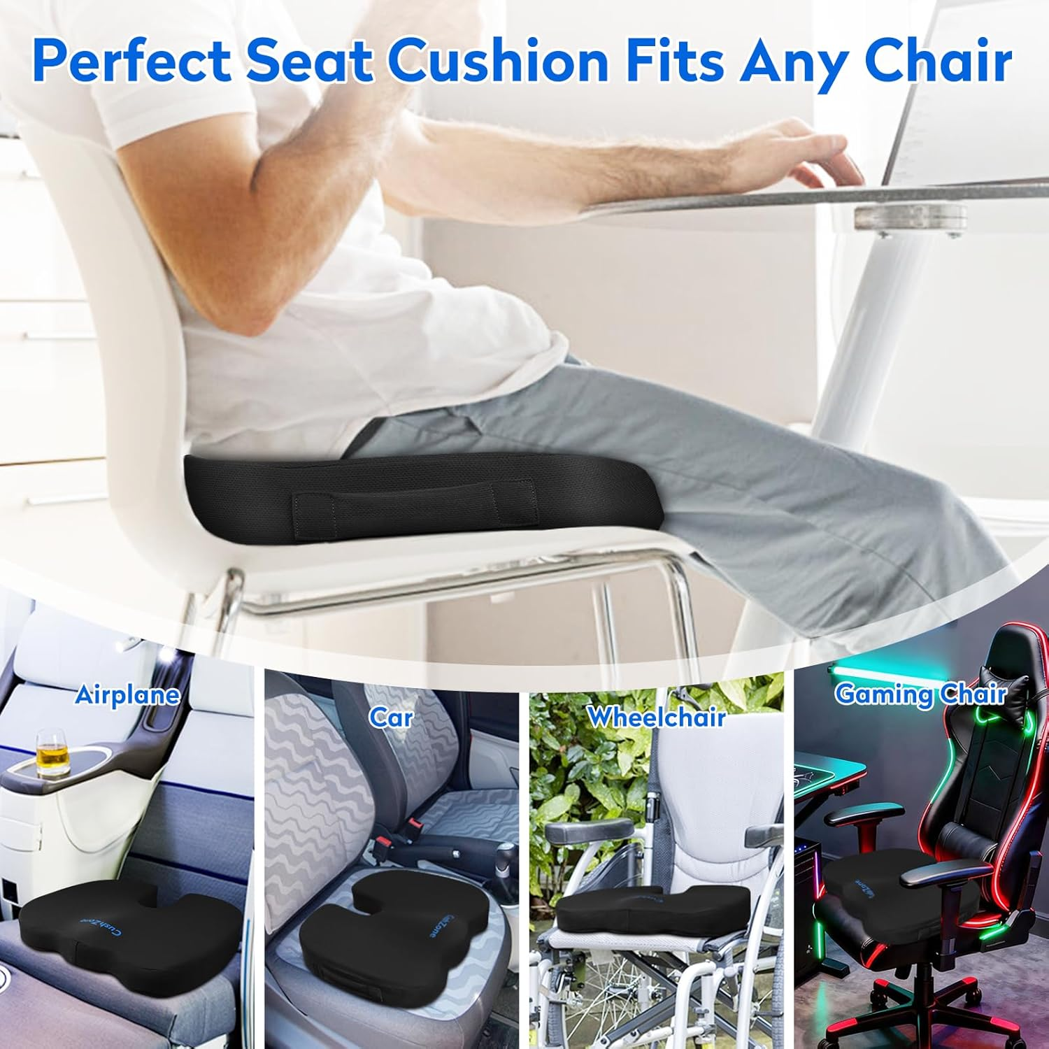 Seat Cushion for Office Chair, Car Seat, Airplane, Bleacher & Wheelchair, Ergonomic Memory Foam, Non-Slip Chair Pad, Office Desk Accessories for Back/Tailbone/Sciatica Pain Relief (Black) image number 4