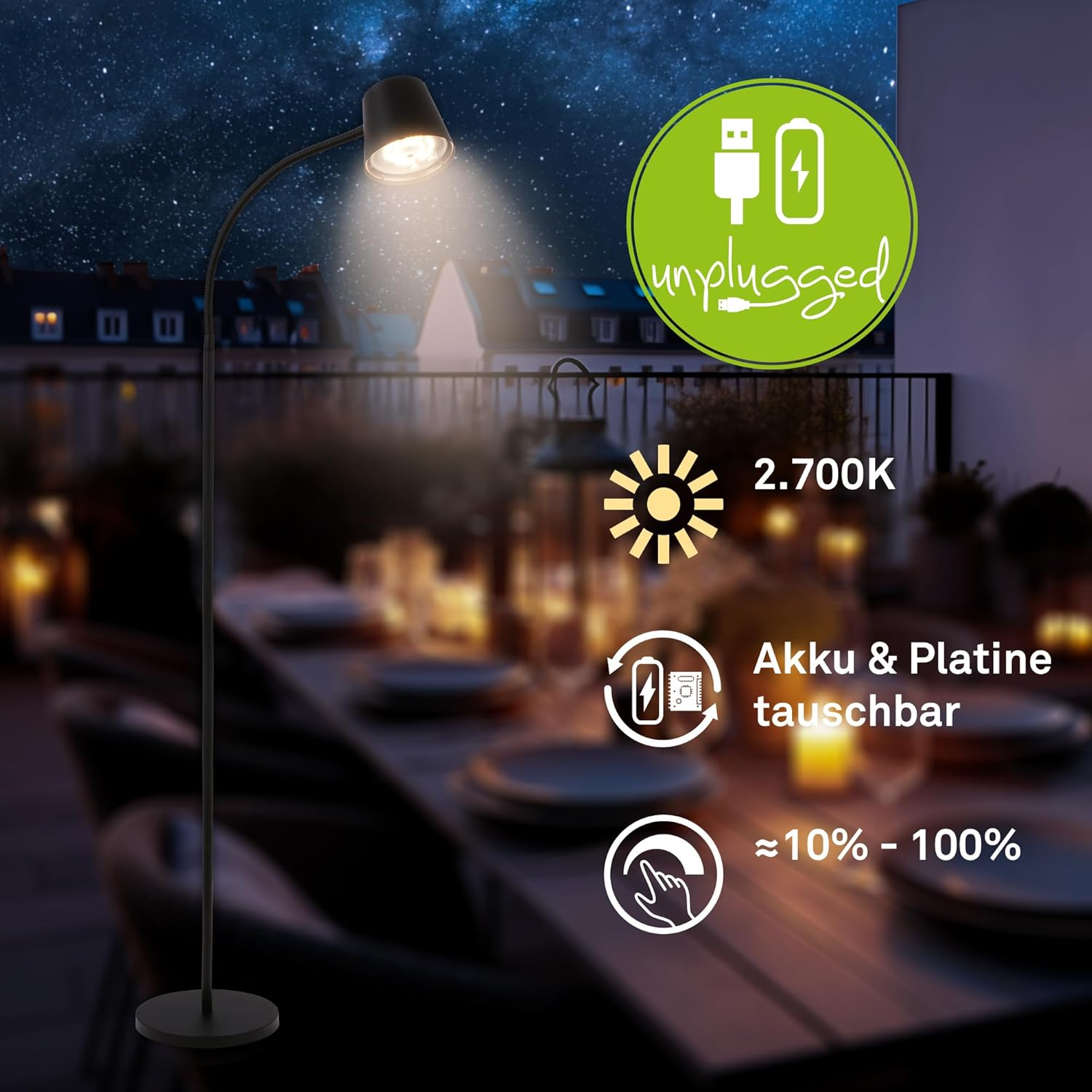 BRILONER - LED Floor Lamp Wireless with Touch, Continuously Dimmable, Battery & Light Source Exchangeable, Battery Floor Lamp, Reading Lamp, Living Room Lamp, Ceiling Floodlight, Floor Lamp, 126.5 Cm image number 6