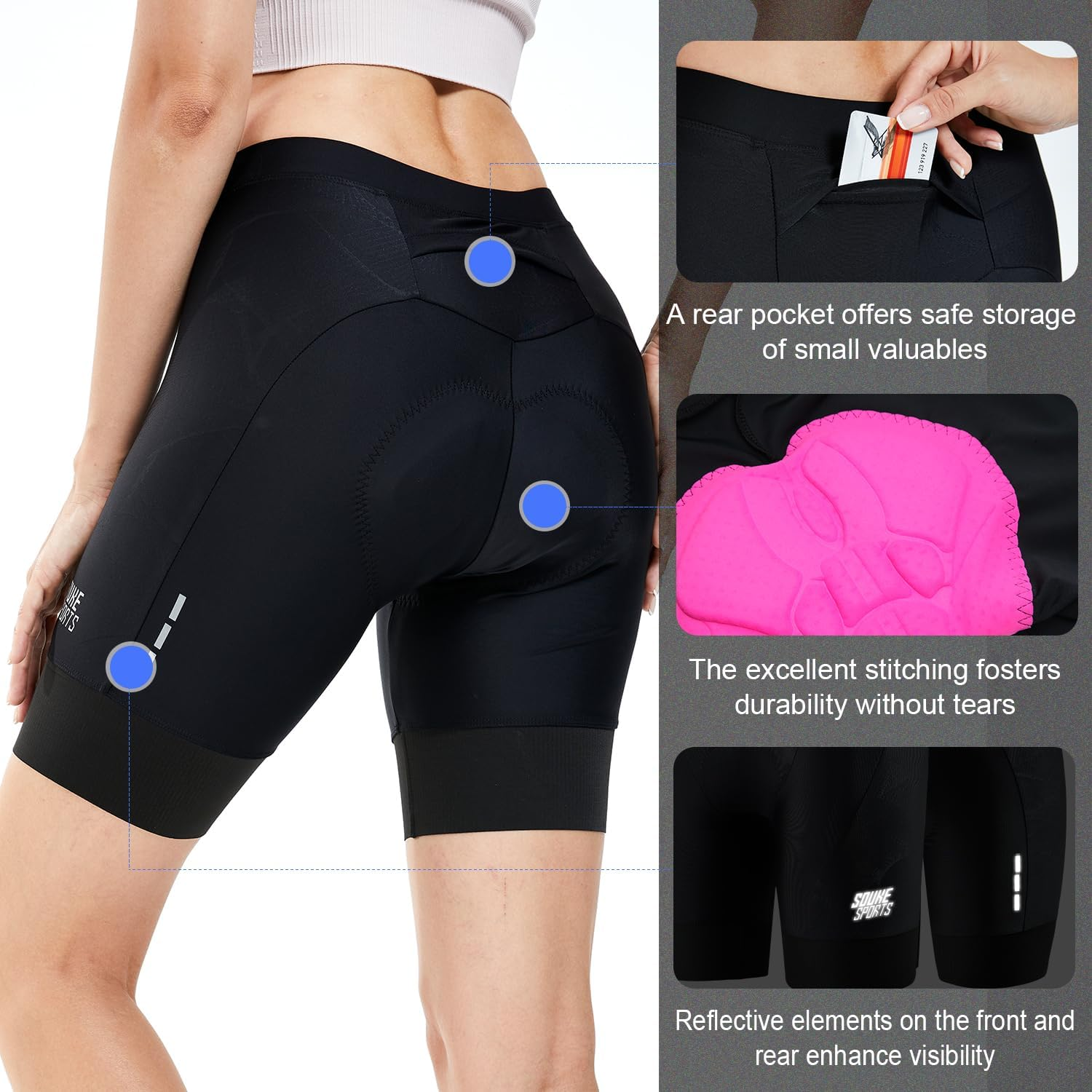 SOUKE Womens Cycling Shorts 4D Padded Biking Bicycle Bike Half Pants with Wide Waistband image number 4