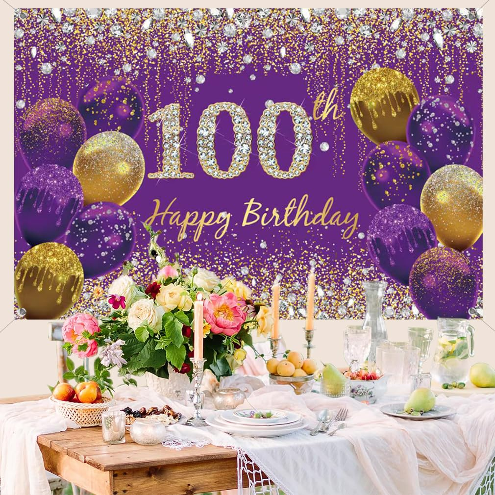 100Th Birthday Decoration Women, Purple Fabric Sign Poster Birthda Y Party Decoration, 100'Th B Irthday Background Banner Women, 100T H Birth Day Party Decoration, 59"X35.4" image number 4