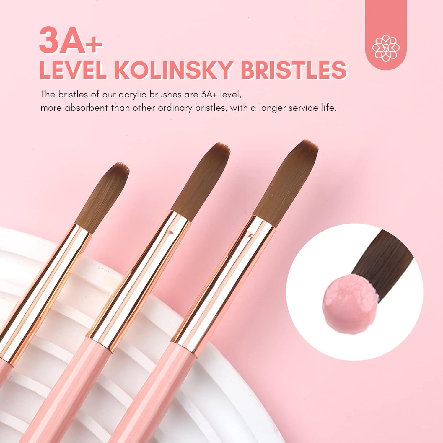 SAVILAND 3PCS Acrylic Nail Brush Set - Size 8/10/14 3A+ Superior Nylon Acrylic Nail Brushes for Acrylic Application, Pink Handle Professional Acrylic Powder Brushes for Nails Extension & 3D Nail Carving image number 3