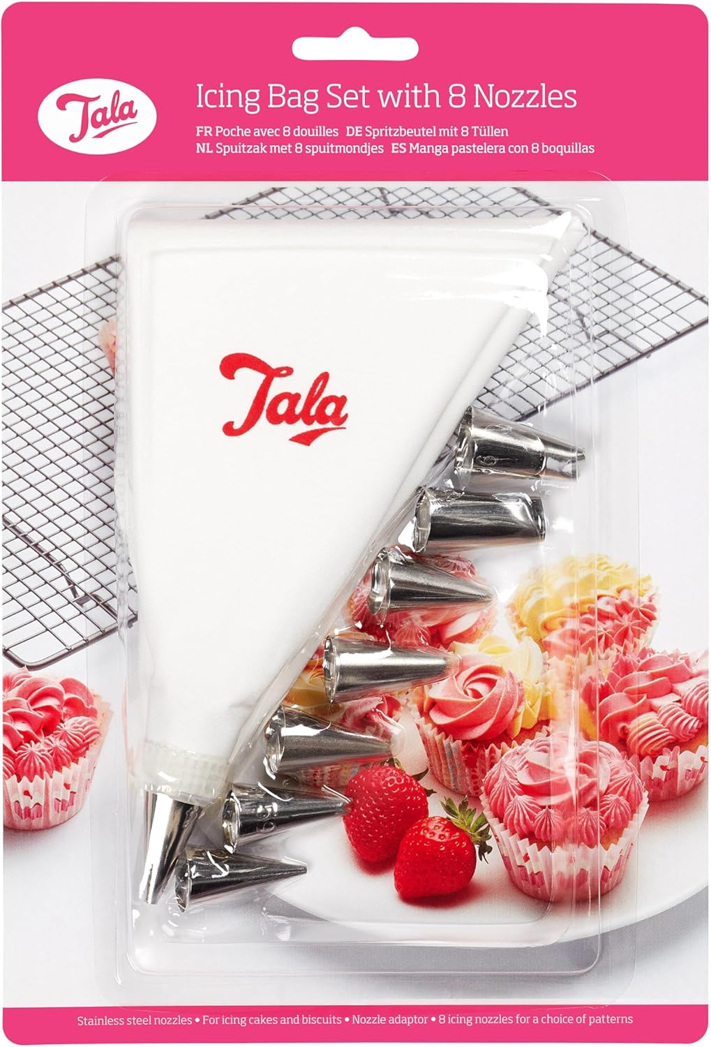 Tala Icing Bag Set with 8 Interchangeable Stainless Steel Piping Nozzles - Reusable Anti-Slip Large Piping Bags and Nozzles for Cake Decorating - Easy Handwash Cleaning
