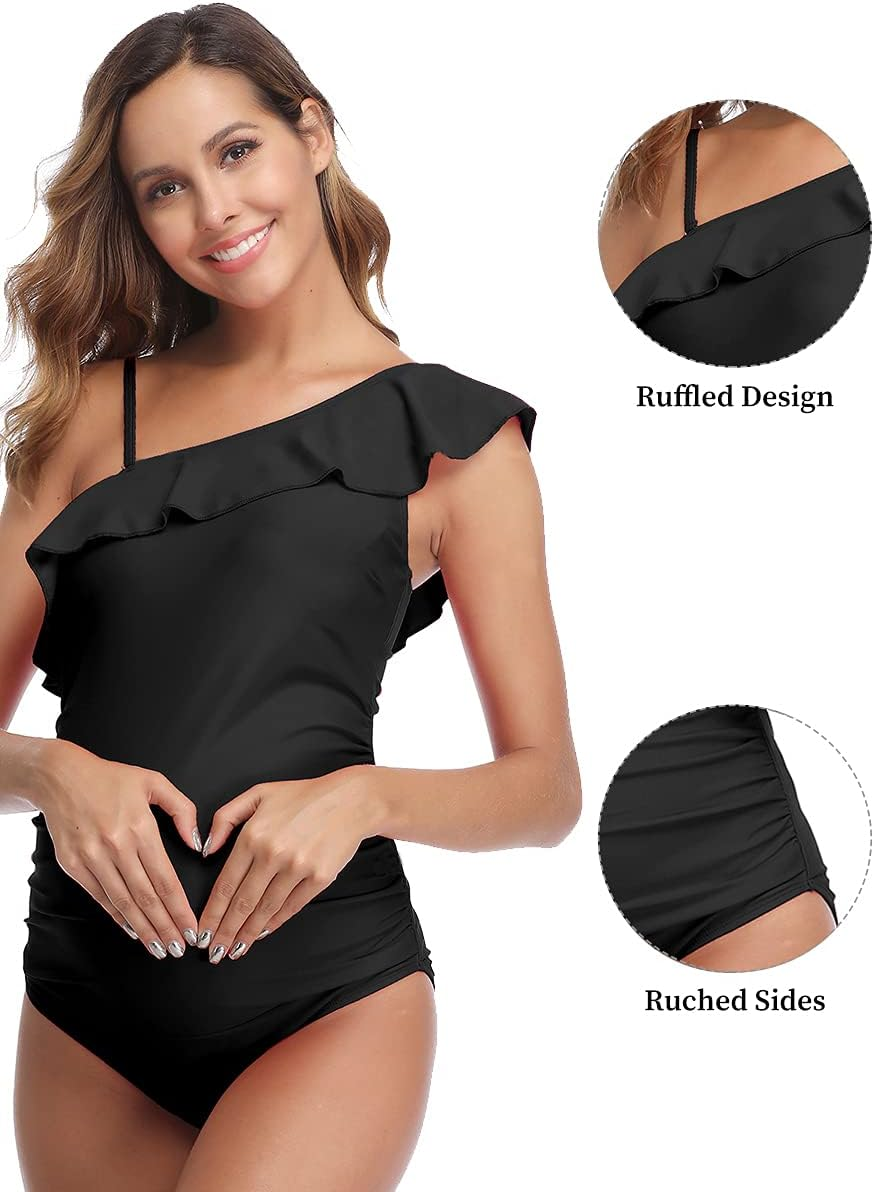 Miyang Women Maternity Swimwear One Shoulder Flounce One Piece Printing Bathing Suit image number 4