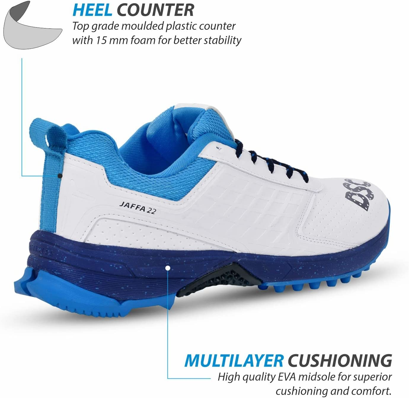 DSC Jaffa 22 Professional Cricket Shoes | White and Navy | Size: EU 44, UK 10, US 11 | Material: PVC | for Boys and Men | Toe and Heel Protection | Supersoft and Flexibility | Rubber Outsole image number 3