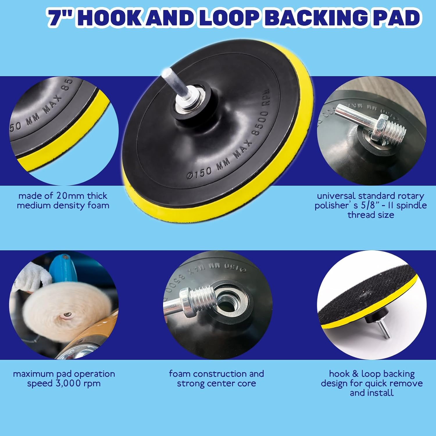 3Pcs 8" Wool Buffer Pad and 7" Hook and Loop Flexible Edge Polishing Backing Pad with Foam Buffing Pad Conditioning Brush for Compound Cutting Polishing and Automotive Car Detailing image number 3
